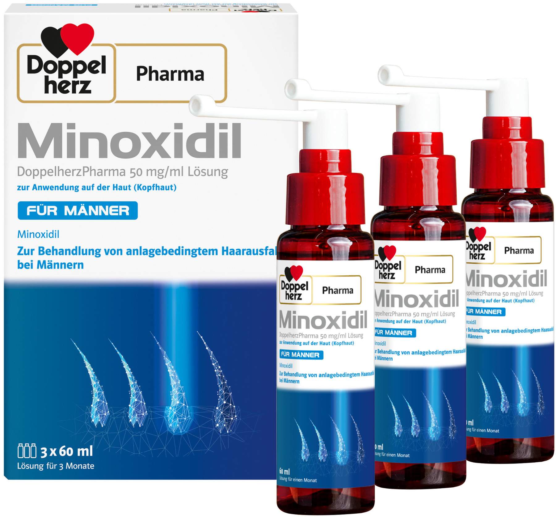 Minoxidil Doppelherz Pharma 50 mg je ml 3 x 60 ml Lösung für Männer