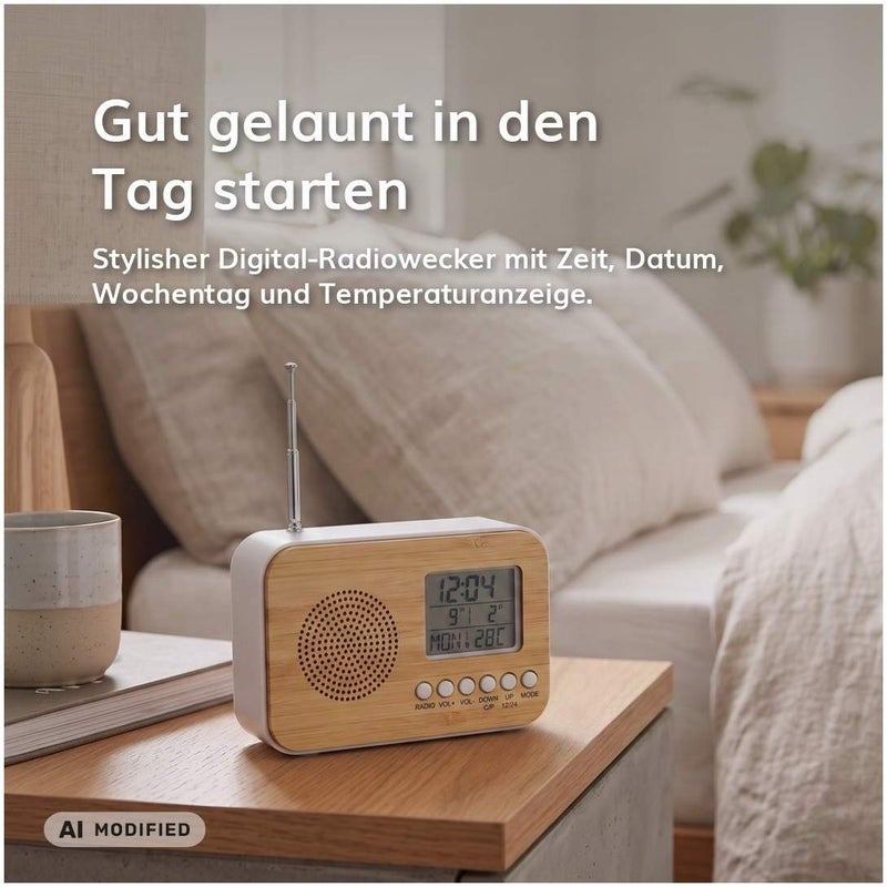 FM Digital Radio Wecker Bamboo mit Kalender und Temperaturanzeige, 1 Stück
