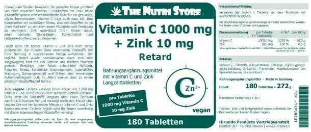Vitamin C 1000 mg + Zink 10 mg 180 Retardtabletten