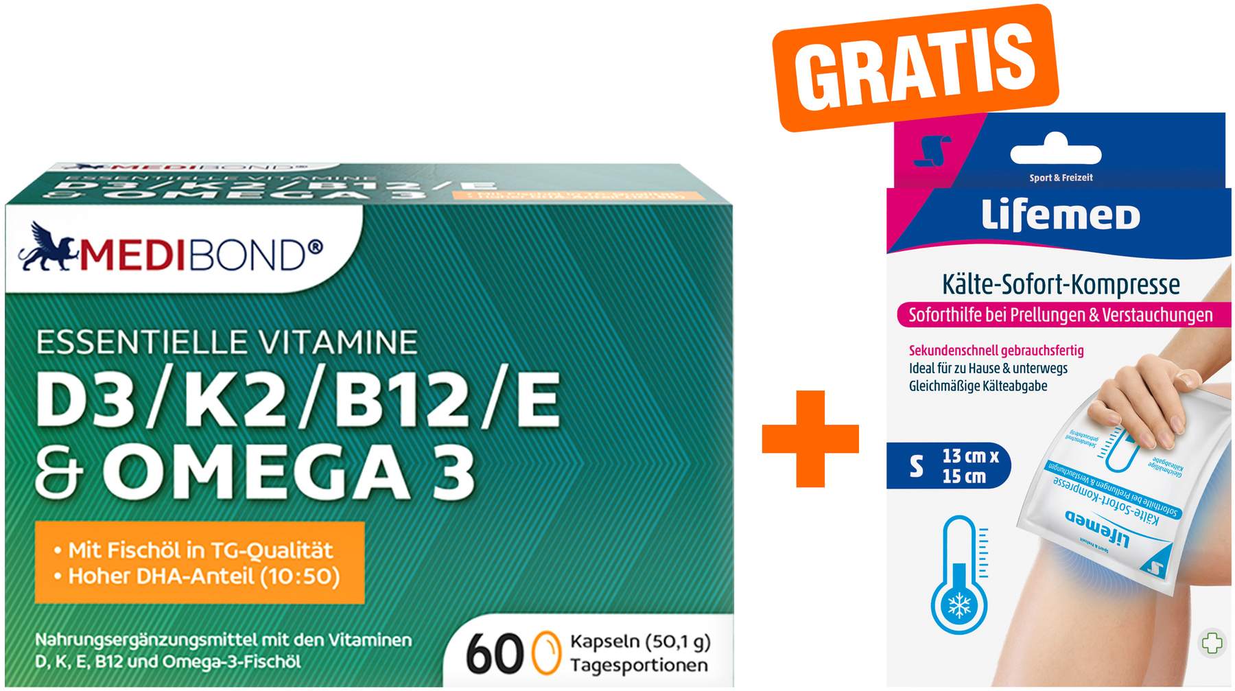 MEDIBOND D3, K2, B12, E & Omega 3 + gratis Kälte Kompresse