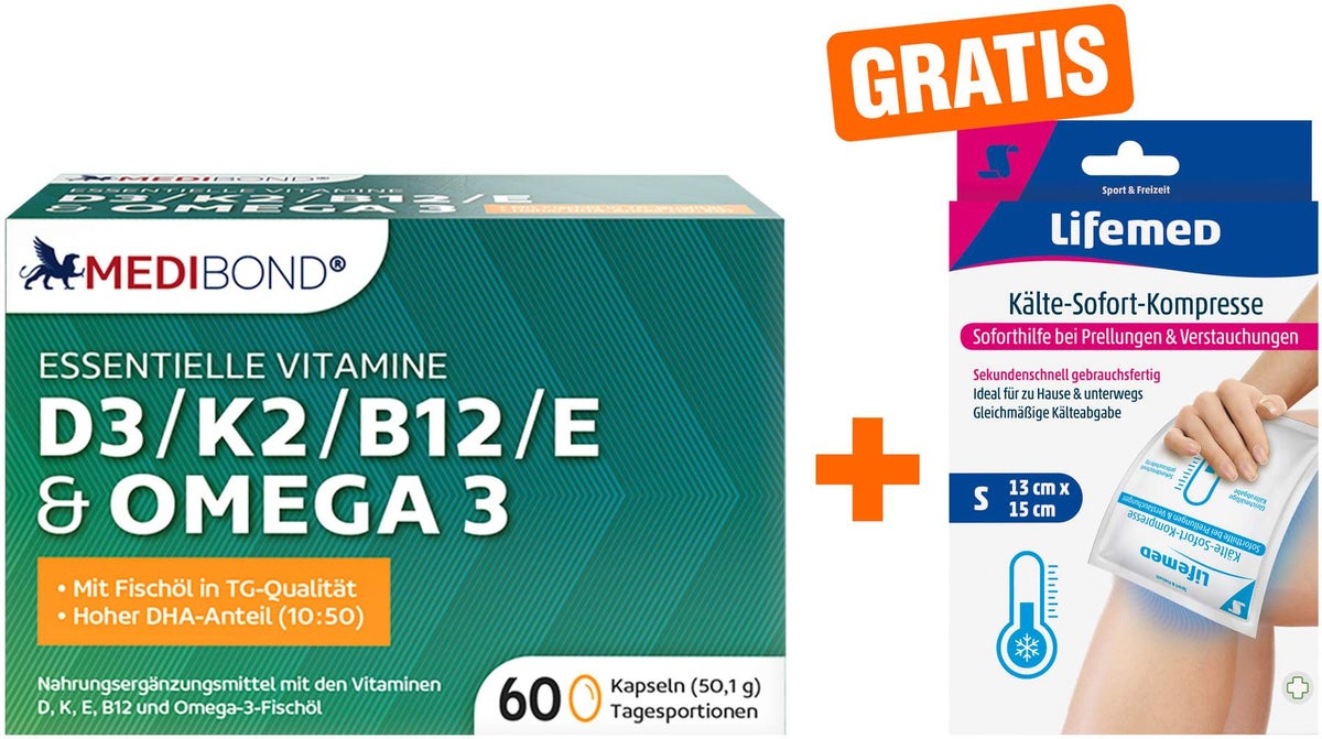 MEDIBOND D3, K2, B12, E & Omega 3 + gratis Kälte Kompresse