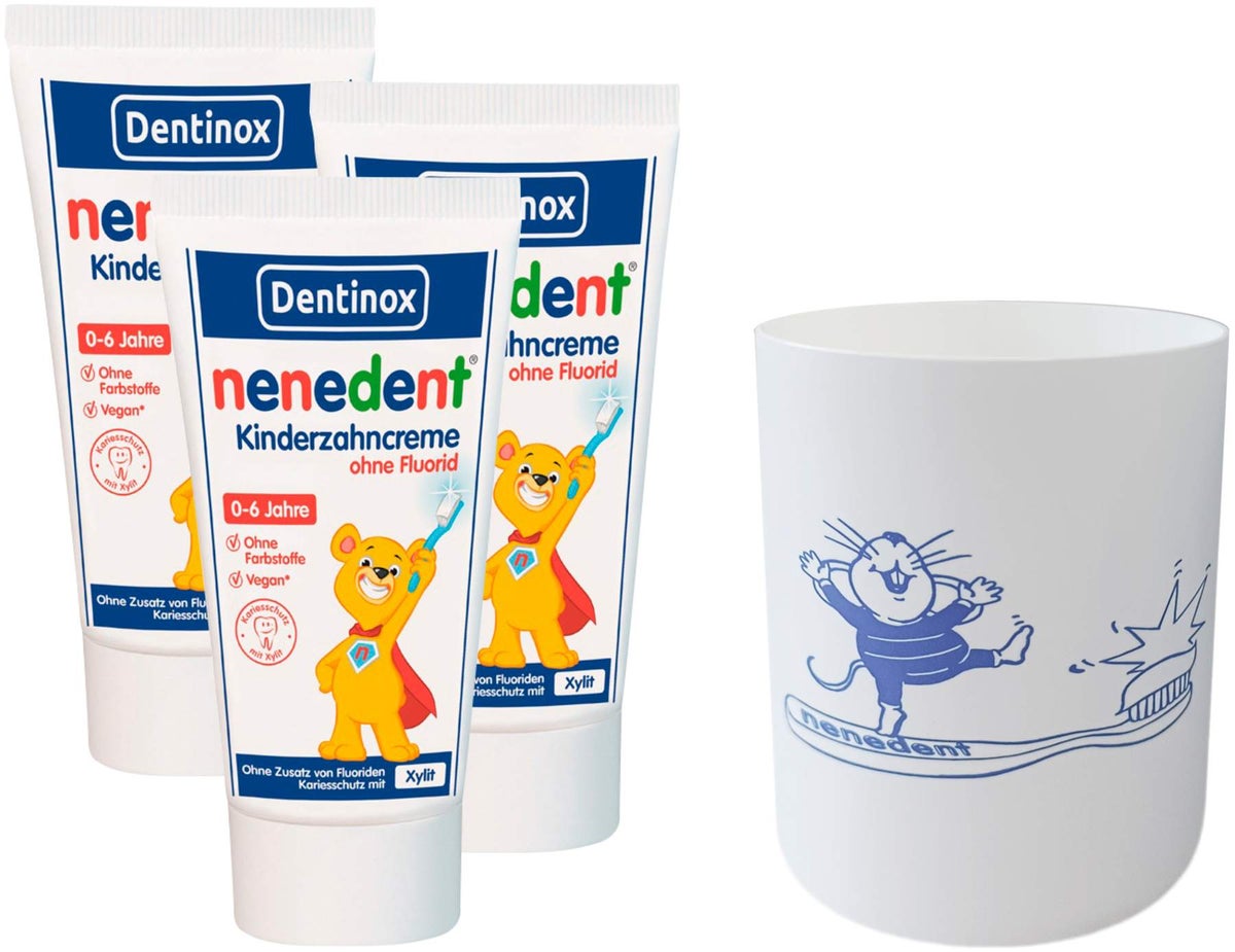 Nenedent Kinderzahncreme ohne Fluorid 0-6 Jahre 3 x 50 ml + gratis Zahnputzbecher 1 Stück