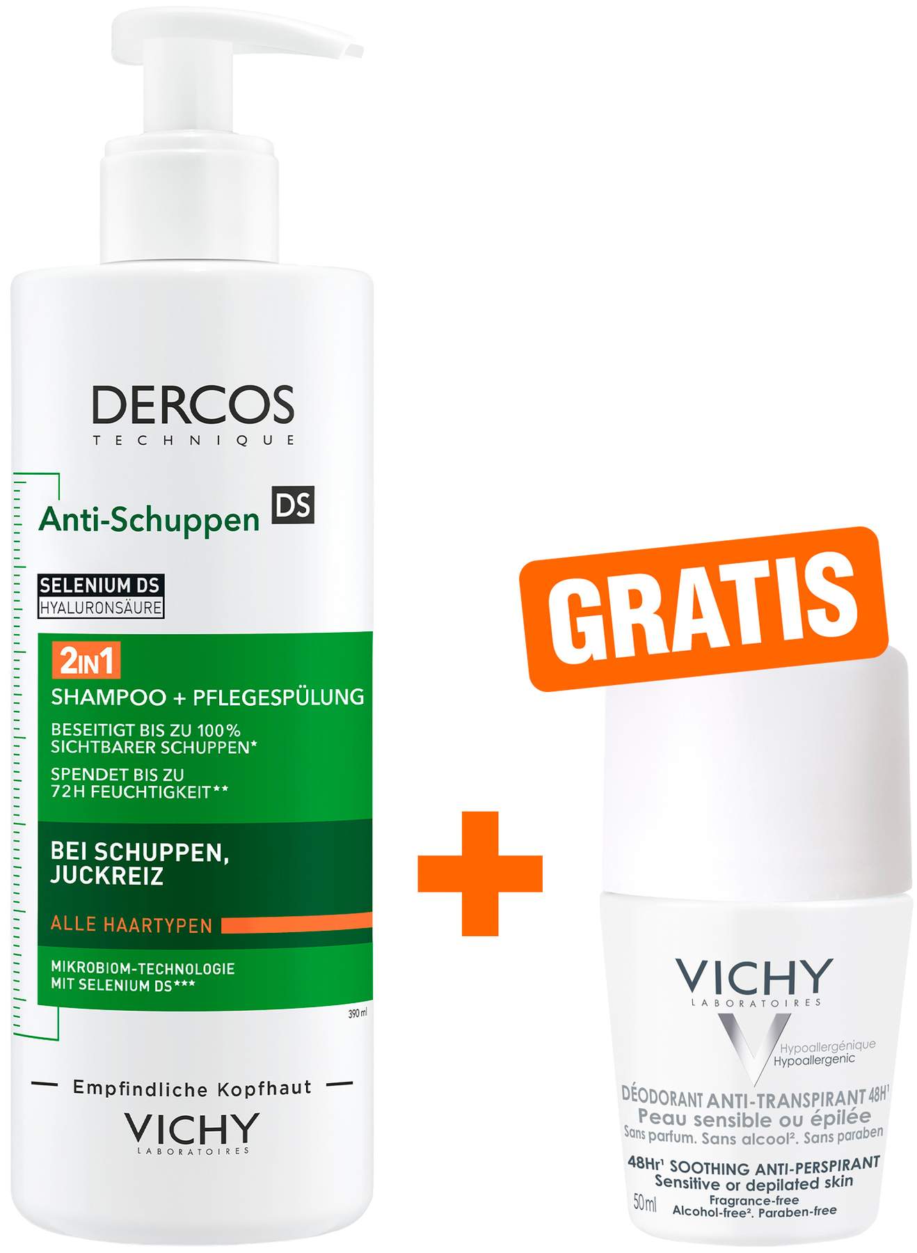 Vichy Dercos Anti-Schuppen 2in1 Shampoo + Conditioner 390 ml + gratis Vichy Deo Roll-on Anti Flecken 48h 50ml