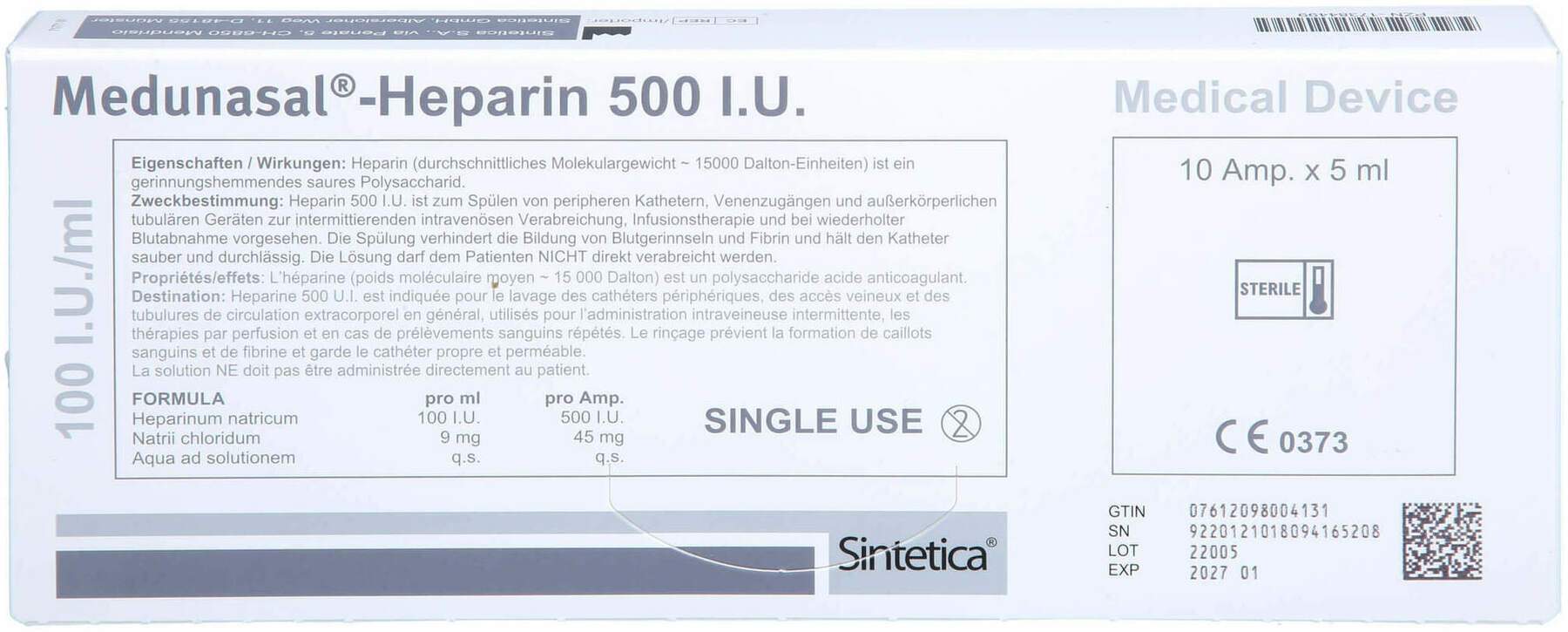 Medunasal Heparin 500 I.U. 10 X 5 ml Ampullen