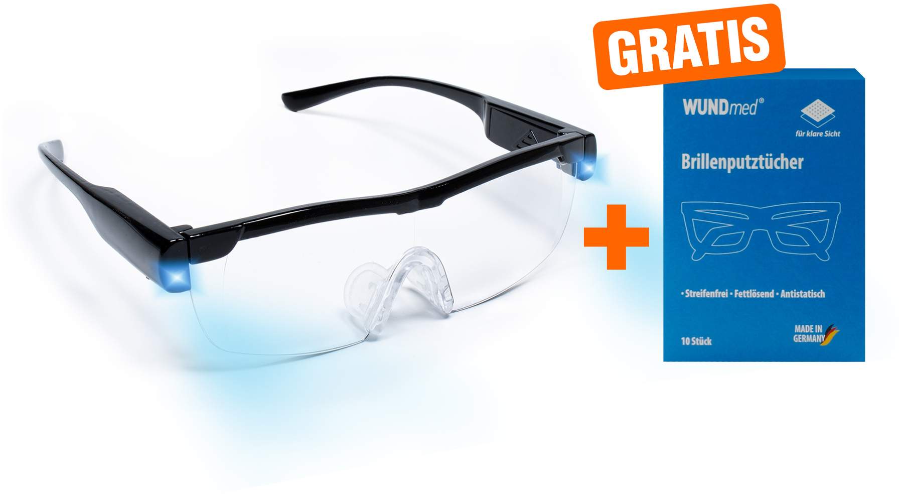 160% Vergrößerungsbrille mit 2 LED-Licht & Blaulichtfilter, schwarz,+ Gratis Brillenputztücher 10st.