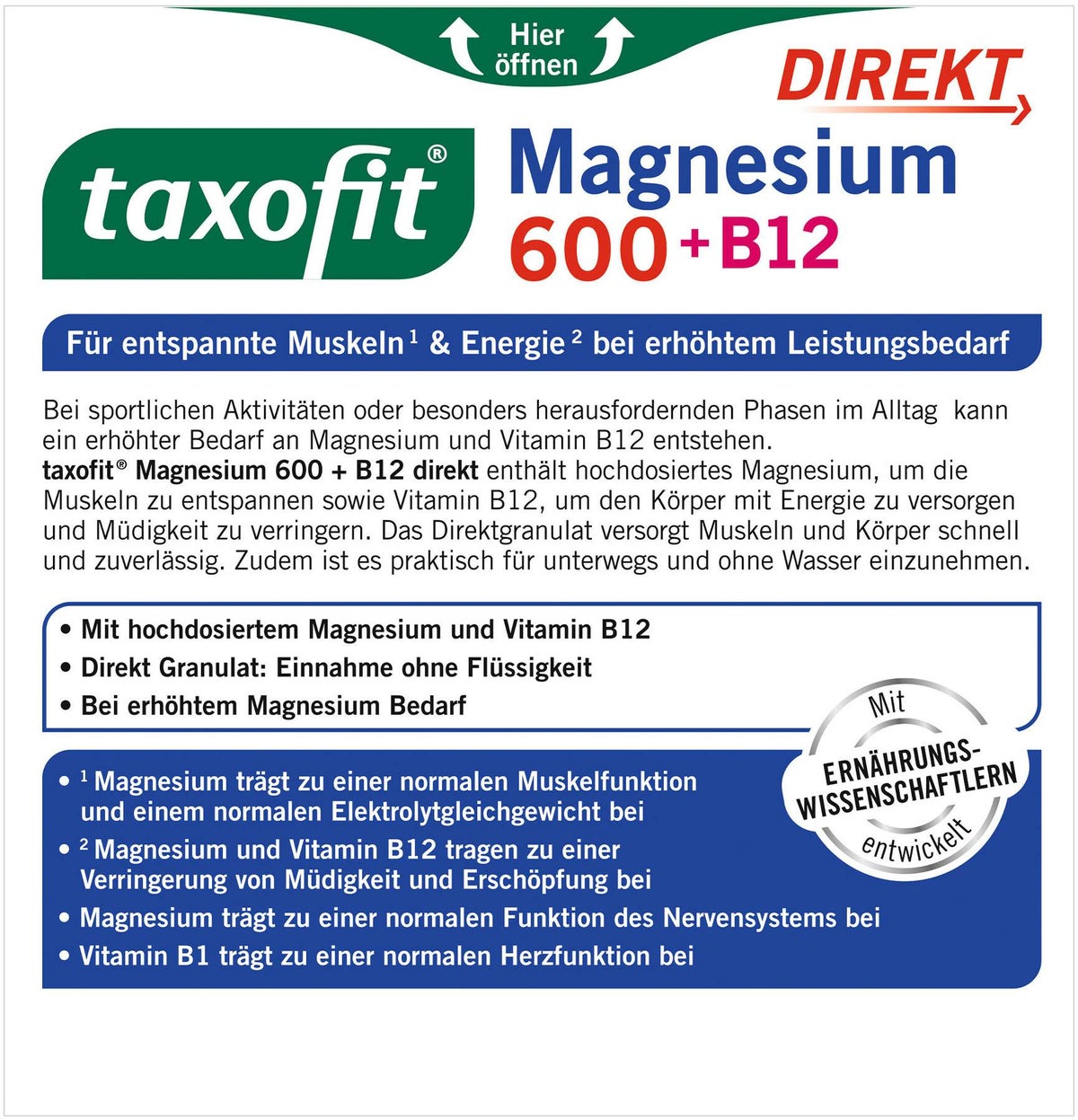 Taxofit Magnesium 600+ B12 Direkt Granulat 20 Sticks