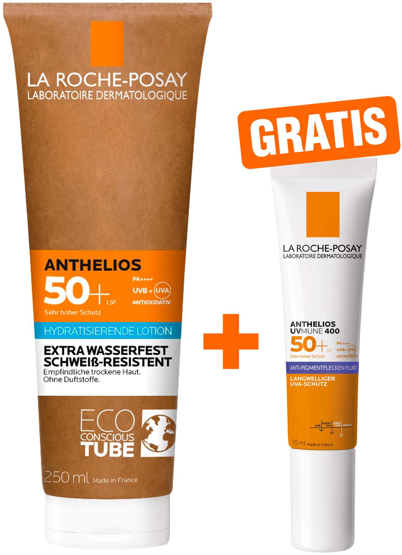La Roche Posay Anthelios Milch LSF 50+ Papp-Tube 250 ml + gratis La Roche Posay Anthelios Anti-Pigment Fluid 15 ml