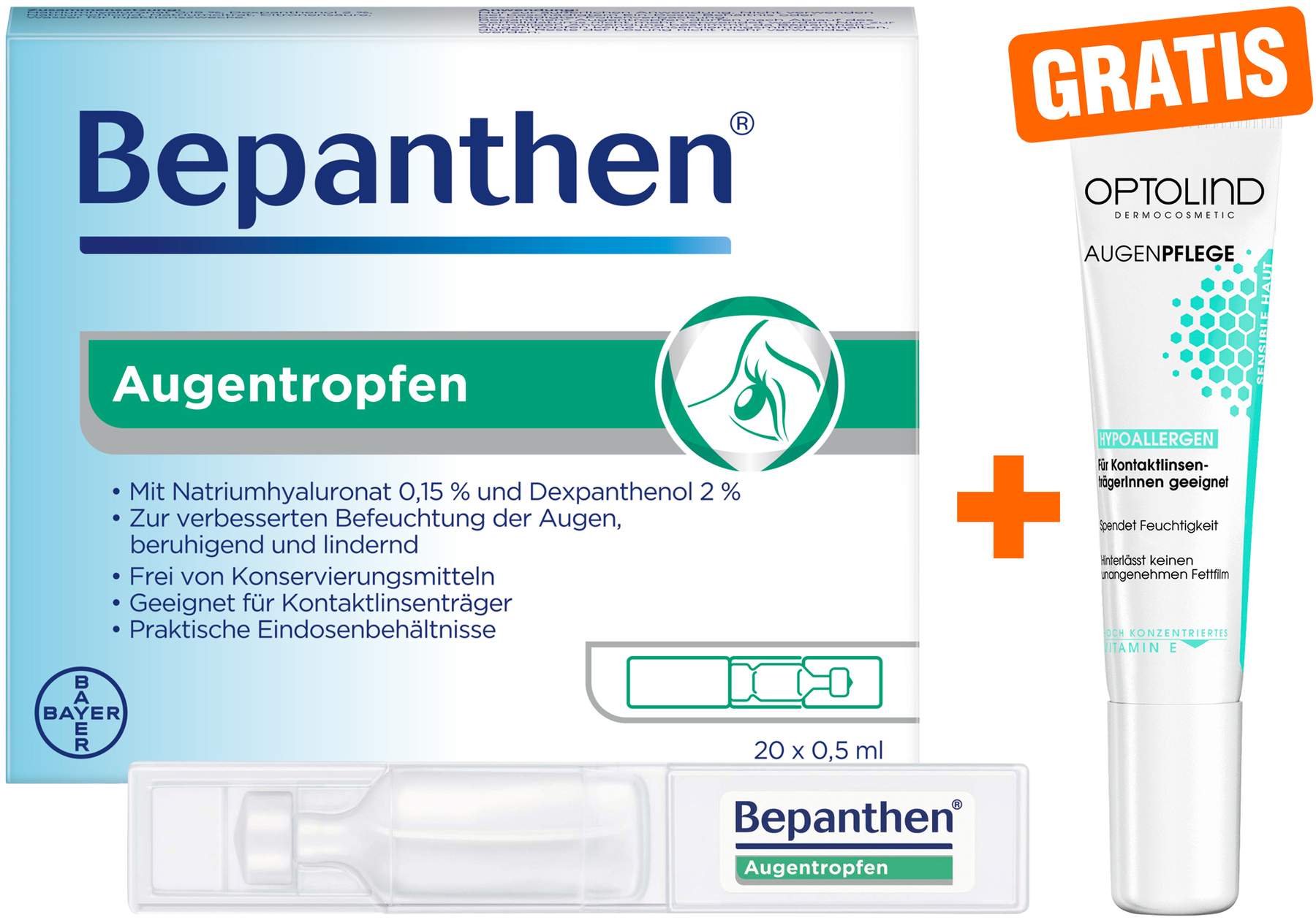 Bepanthen Augentropfen 20x0,5ml + gratis Optolind Empflindl. Haut Augenpflege 15 ml