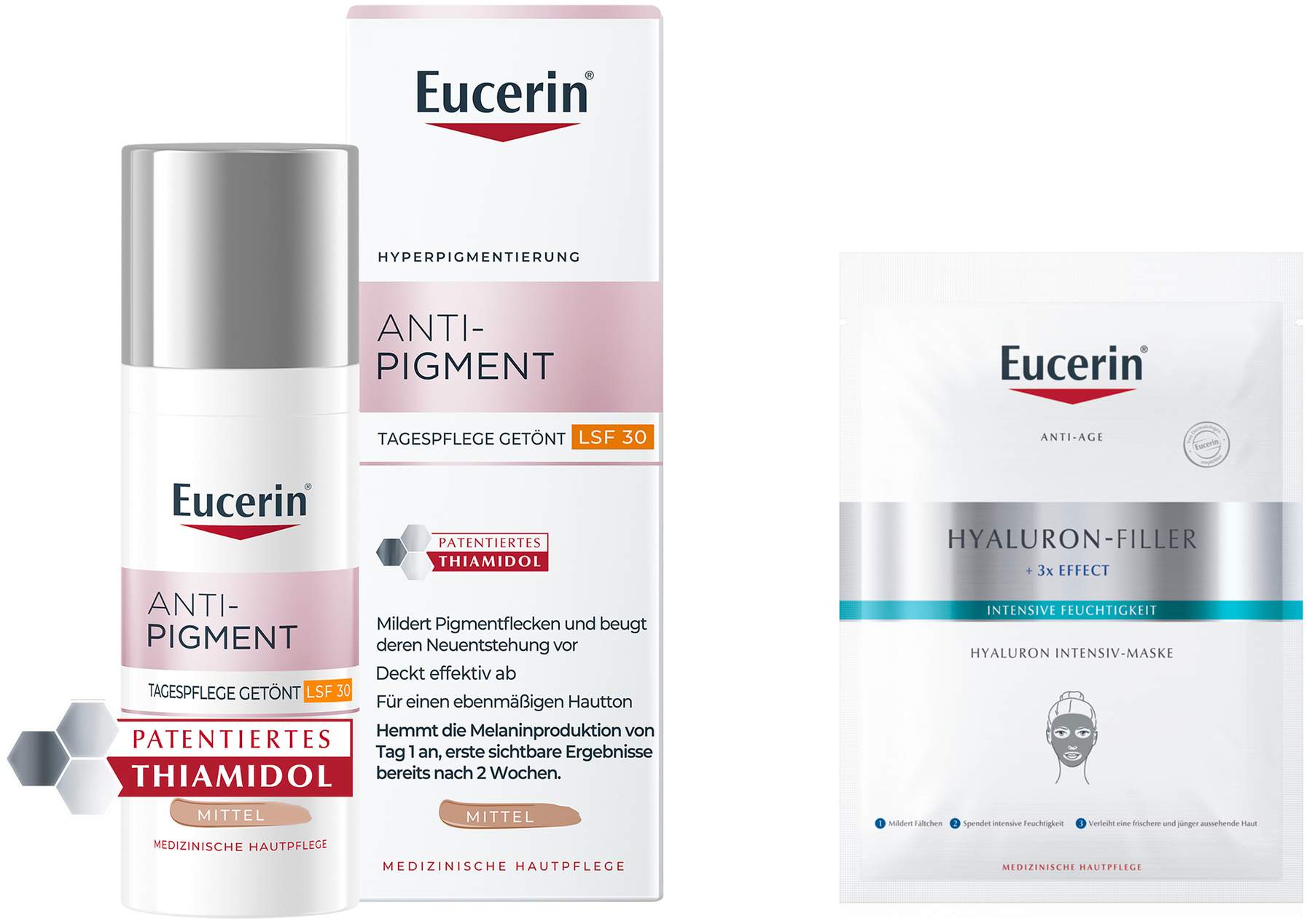 Eucerin Anti-Pigment Tagespflege getönt mittel 50 ml Creme + gratis Anti Age Hyaluron Filler intensiv Maske 1 Stück