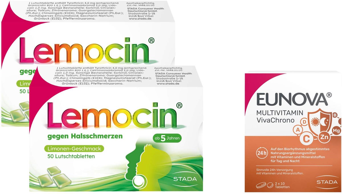 Lemocin gegen Halsschmerzen 2 x 50 Lutschtabletten + gratis Eunova VivaChrono 2 x 10 Tabletten