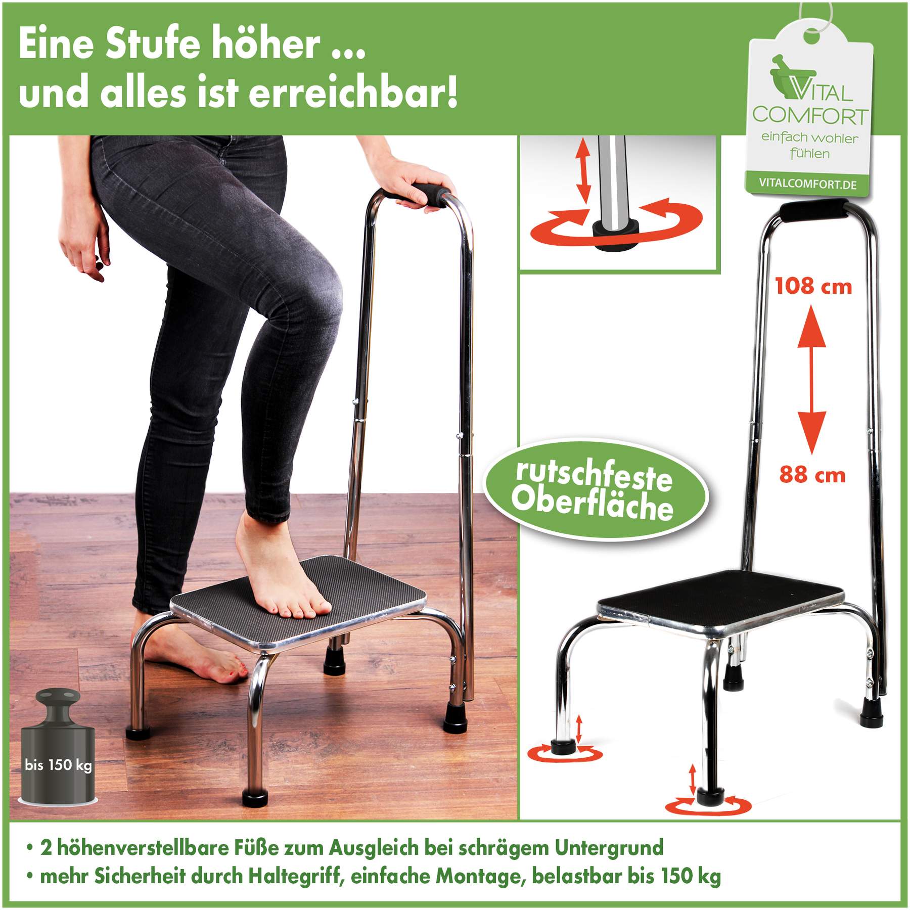 Trittstufe mit höhenverstellbarem Haltegriff 88 - 108 cm