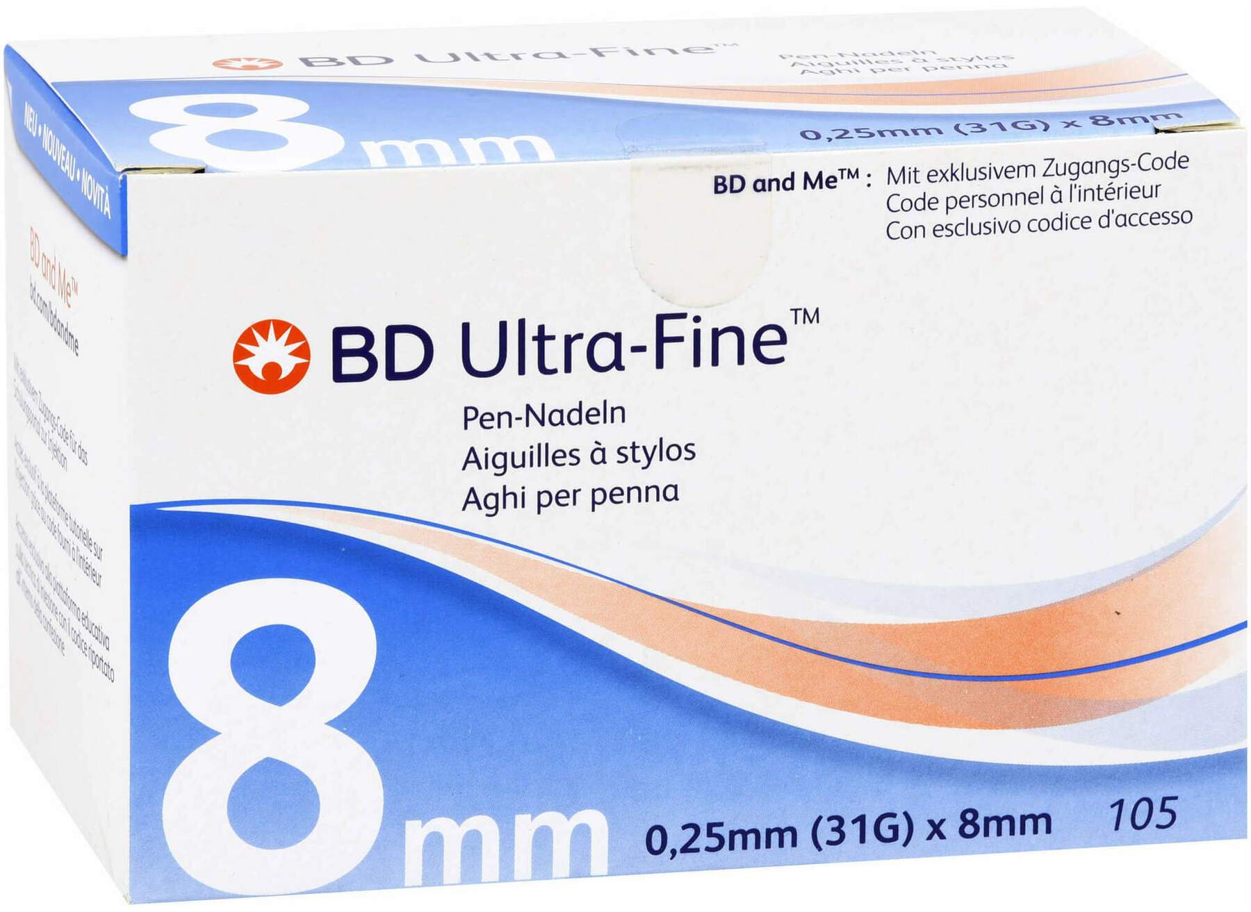 Bd Ultra-Fine Pen-Nadeln 8 mm 31 G 0,25 mm 105 Stück