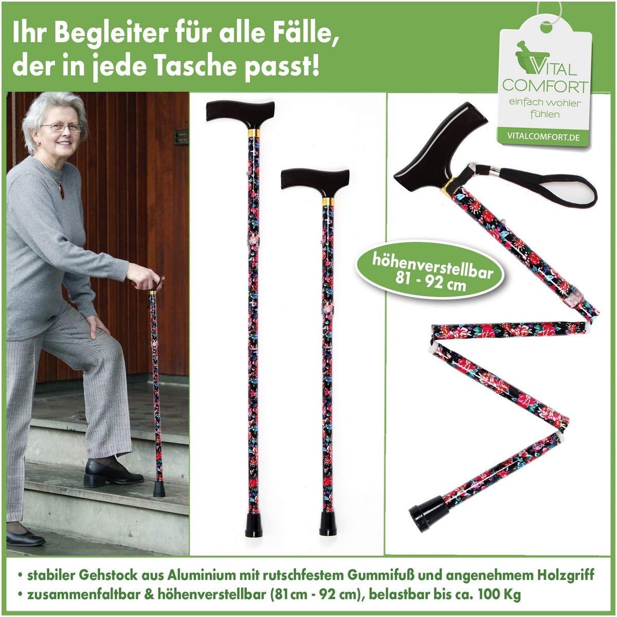 Reisestock faltbar, Blumendesign Vital Comfort