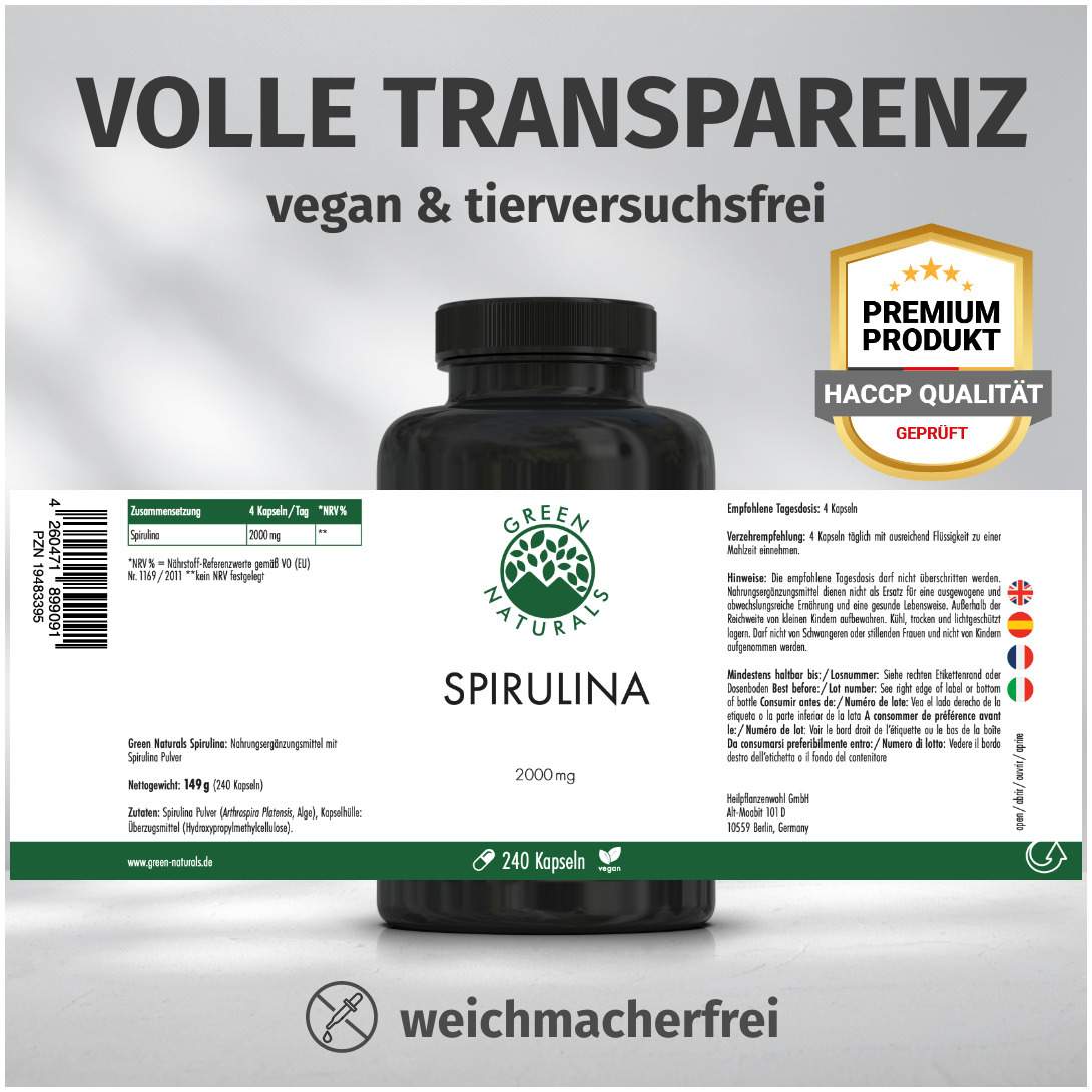 Green Naturals Spirulina 240 Kapseln 2000 mg vegan