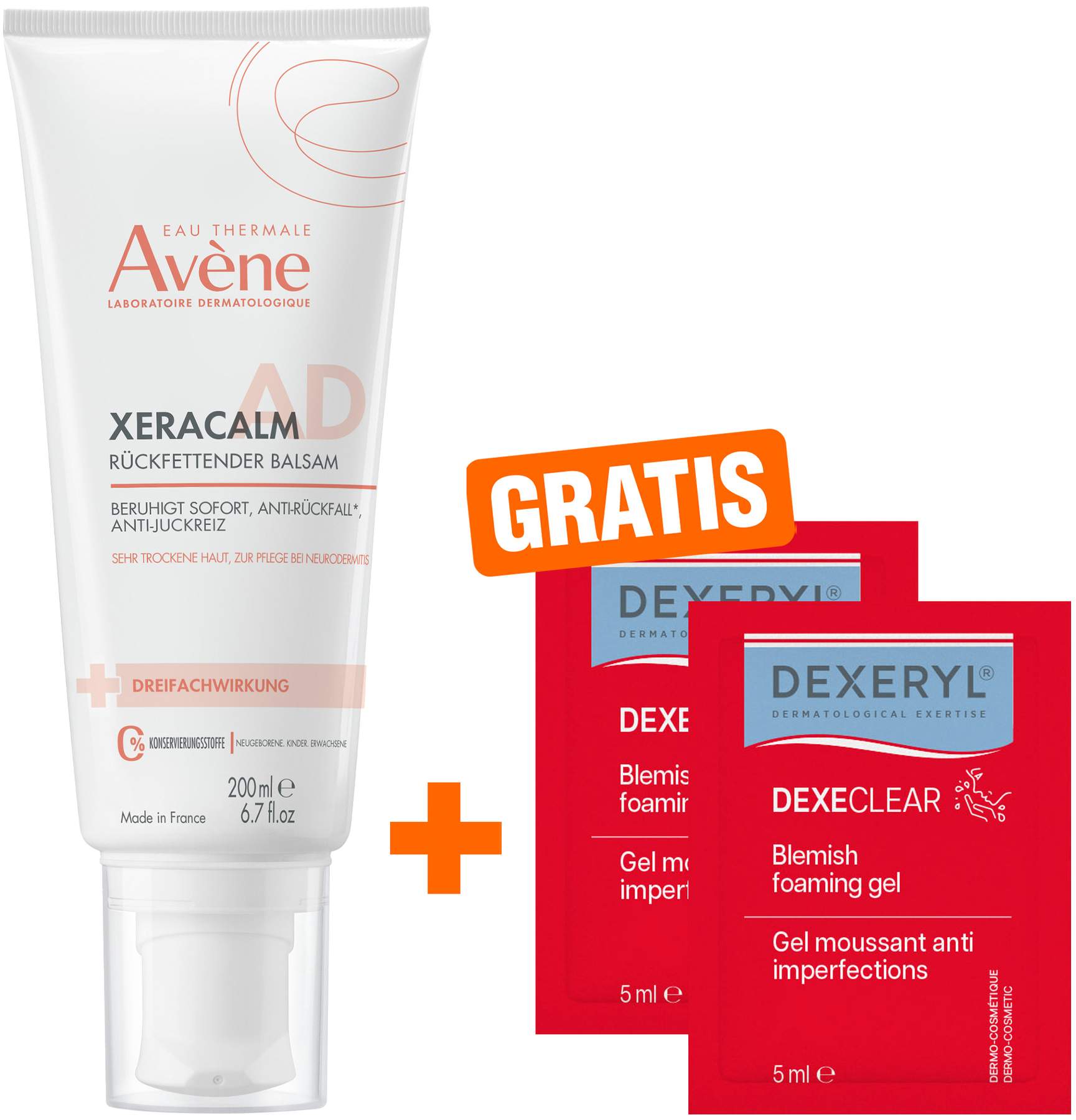 Avene XeraCalm A.D Balsam 200 ml + gratis Dexeryl Dexeclear schäumendes Reinigungsgel 2 x 5 ml