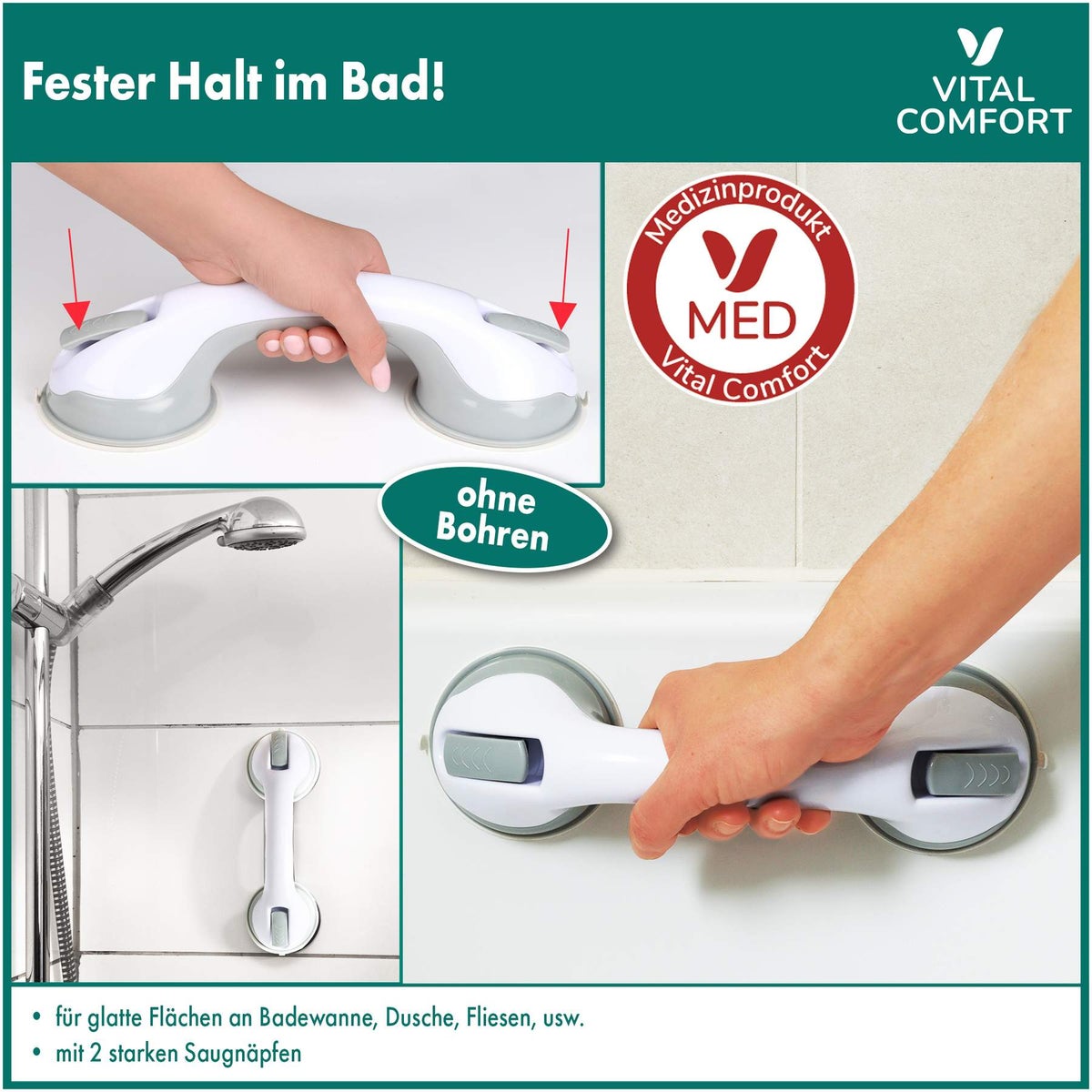 Vital Comfort Bad-Haltegriff mit 2 Saugnäpfen, 1 Stück