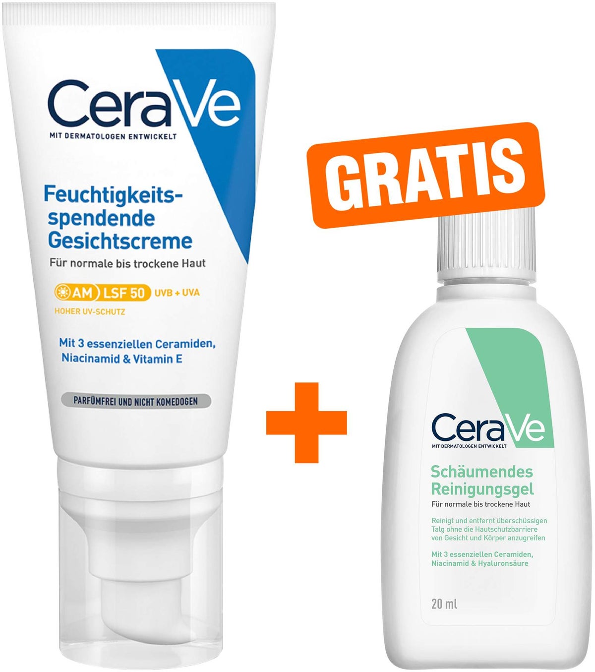 CeraVe Feuchtigkeitsspendende Gesichtscreme LSF 50 52 ml + gratis Schäumendes Reinigungsgel 20 ml