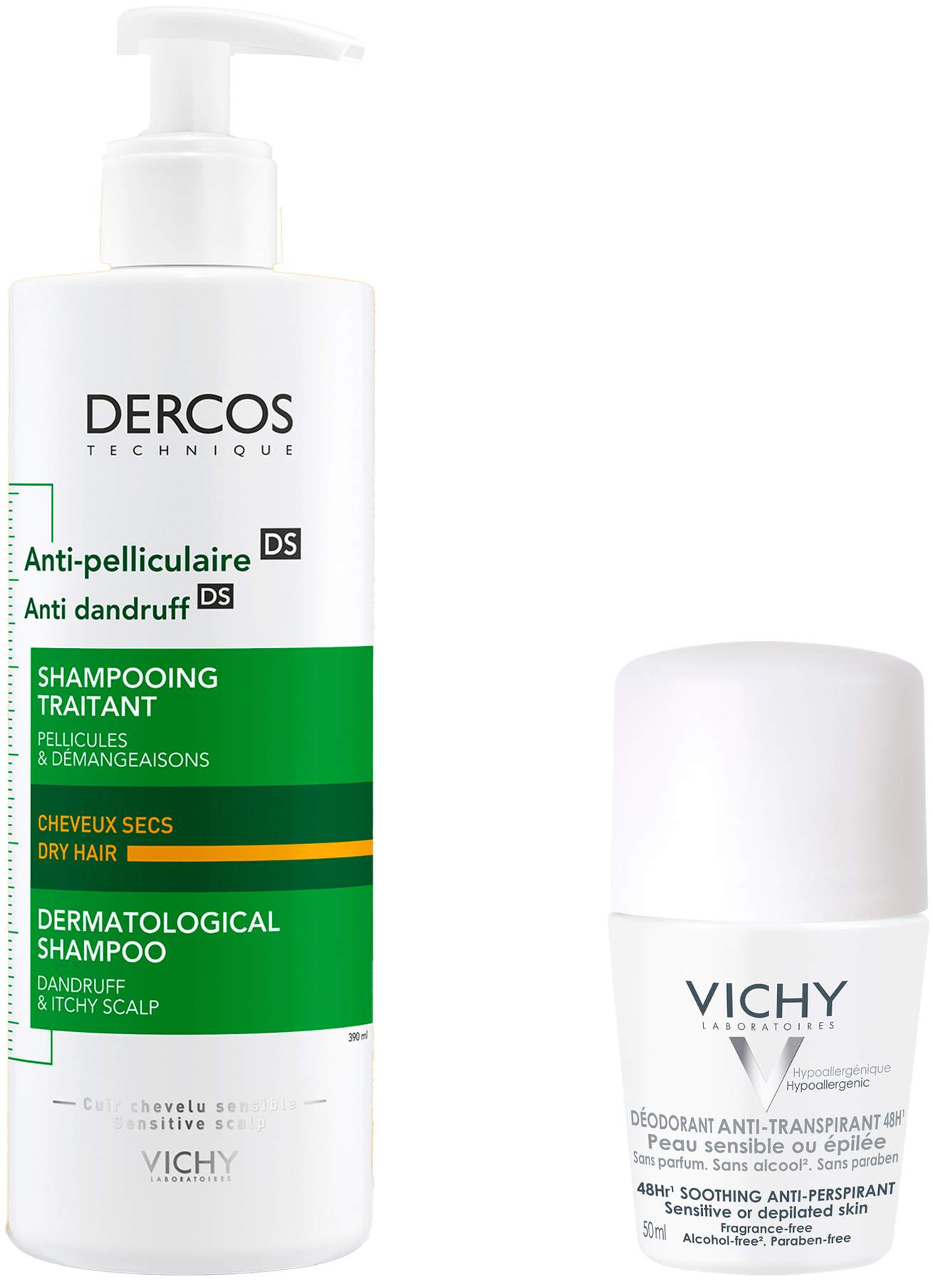 Vichy Dercos Anti-Schuppen Shampoo Trockene Kopfhaut 390 ml + gartis Vichy Deo Roll-on Anti Flecken 48h 50ml