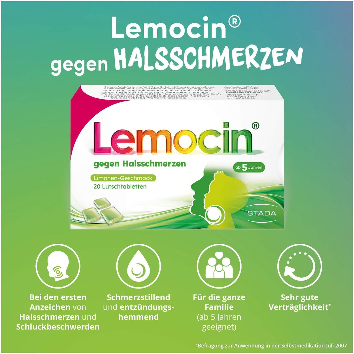 Lemocin gegen Halsschmerzen 20 Lutschtabletten
