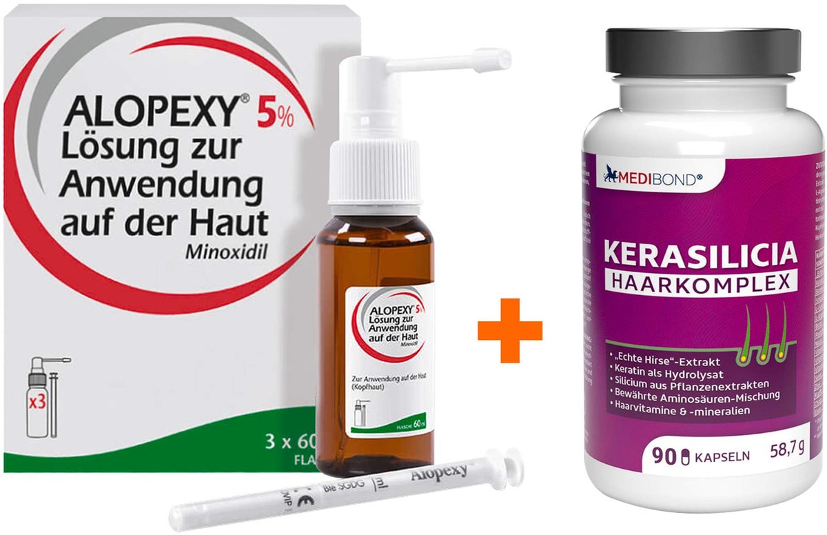 Bundle Alopexy 5 % Lösung 3 x 60 ml + Kerasilicia Haarkomplex 90 Kapseln