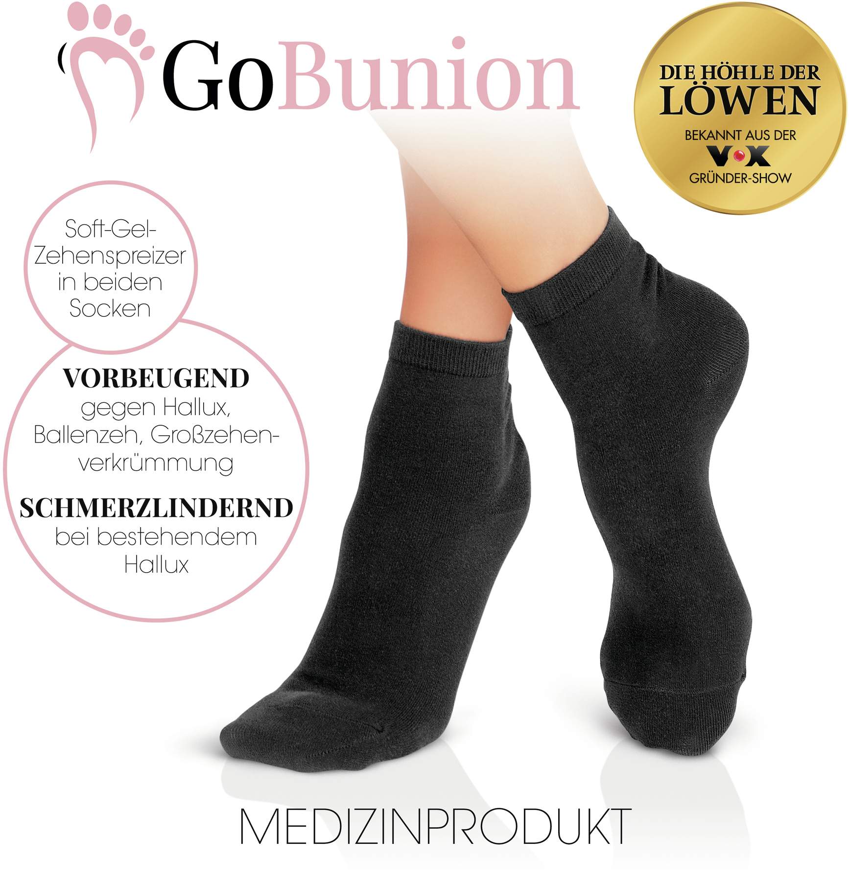 GoBunion Socken mit Zehenspreizer 39-42 schwarz, 2 Paar