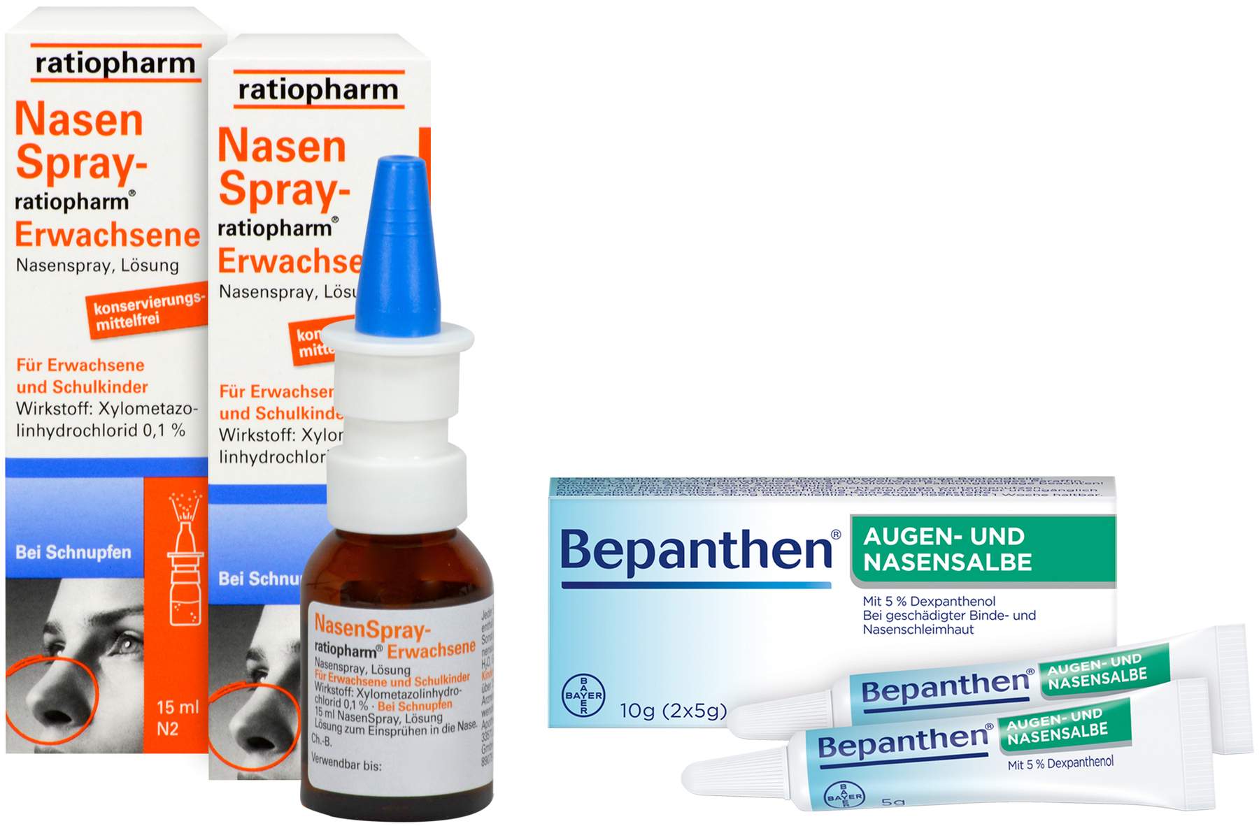 Nasenspray ratiopharm Erwachsene 2 x 15 ml + Bepanthen Augen- und Nasensalbe 10 g