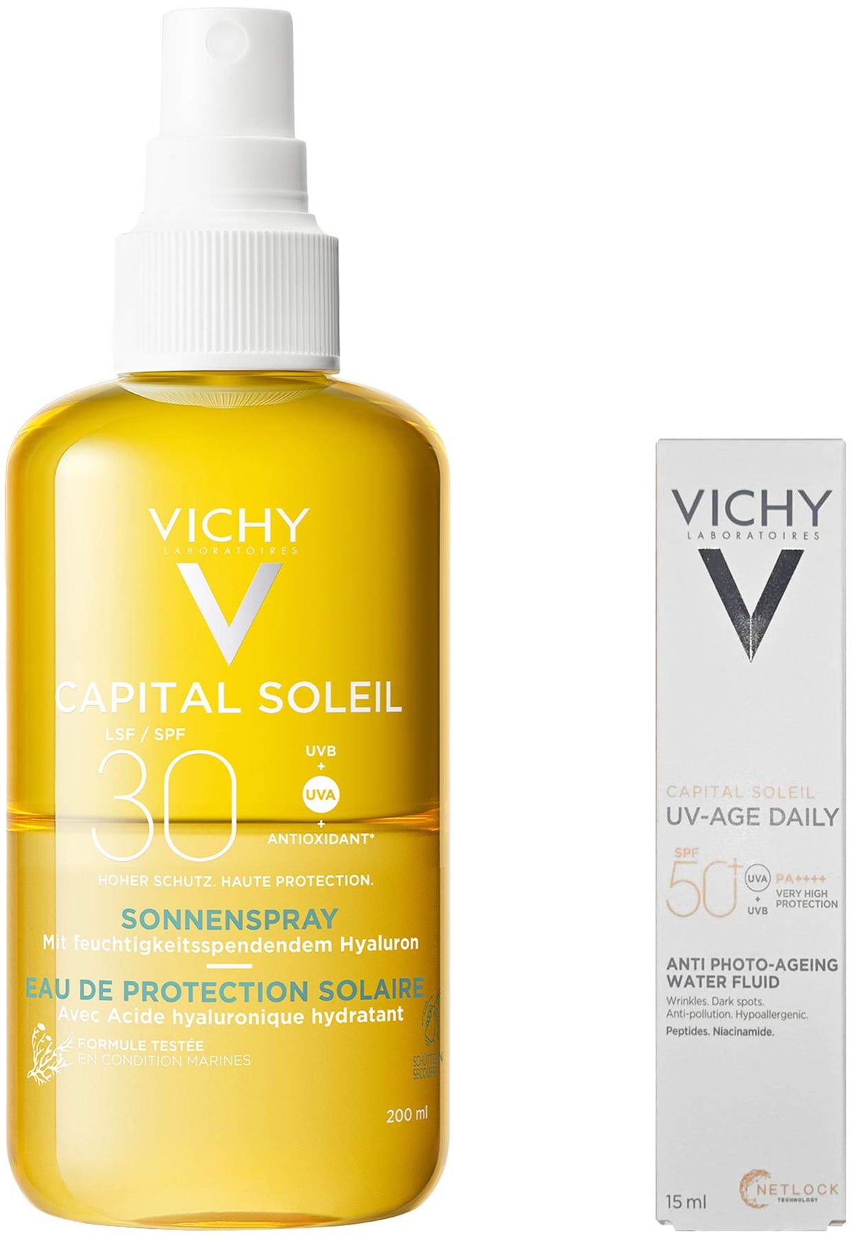 Vichy Capital Soleil Hyaluron Sonnenspray LSF 30 200 ml + gratis Vichy Capital Soleil UV-Age Daily LSF 50+ 15 ml
