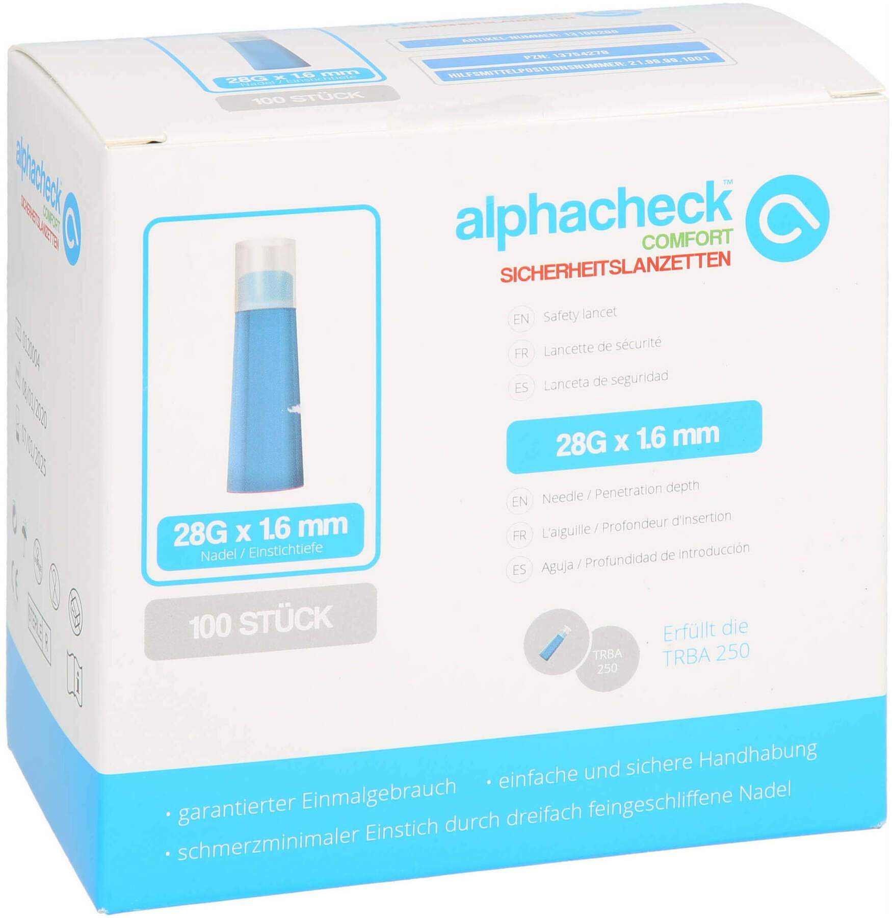 Alphacheck Comfort Sicherheitslanzetten 28 G X 1,6 mm 100 Stück