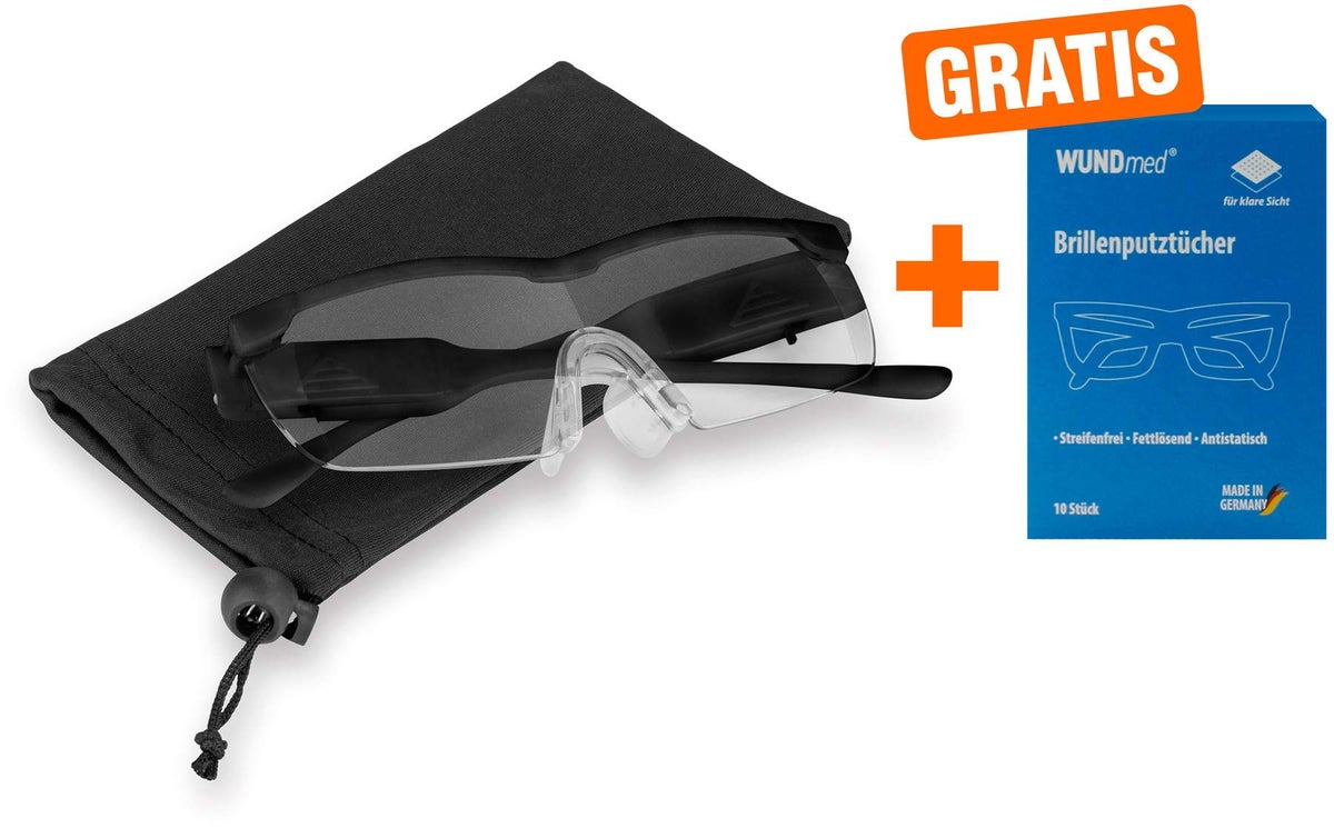160% Vergrößerungsbrille mit 2 LED-Licht & Blaulichtfilter, schwarz,+ Gratis Brillenputztücher 10st.