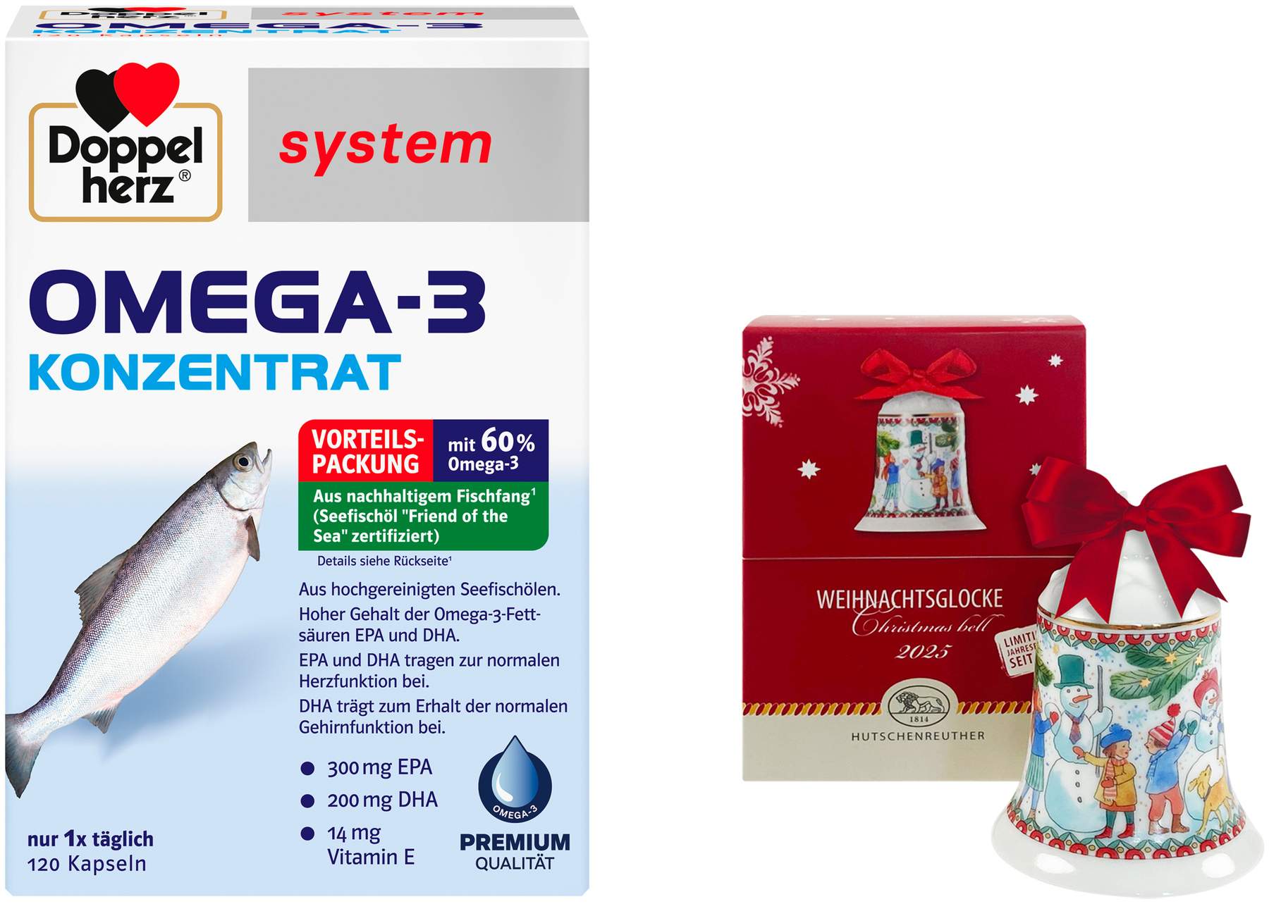 Doppelherz system Omega 3 Konzentrat Kapseln 120 Stück + gratis Hutschenreuther Weihnachtsglocke original 1 Stück