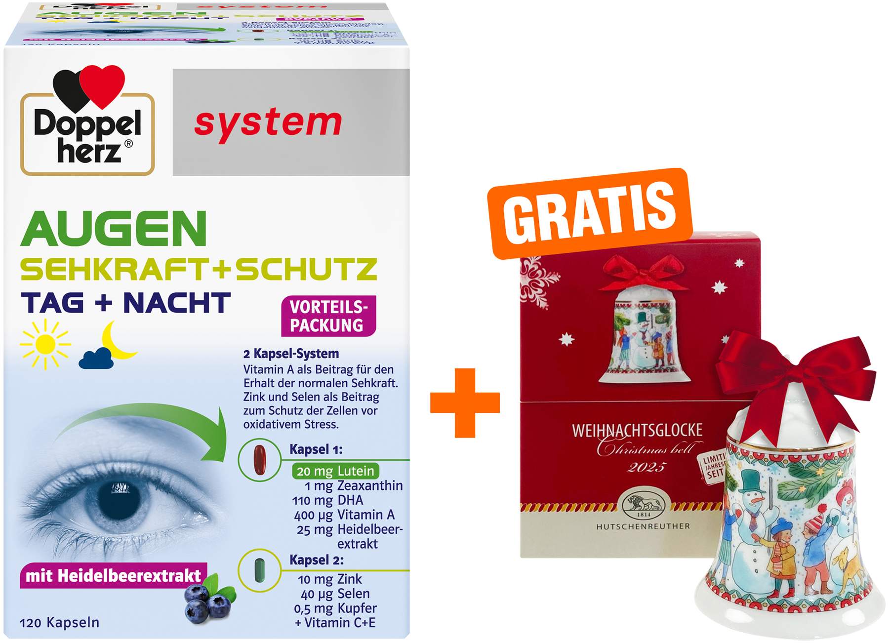 Doppelherz system Augen Sehkraft + Schutz 120 Kapseln + gratis Hutschenreuther Weihnachtsglocke original 1 Stück