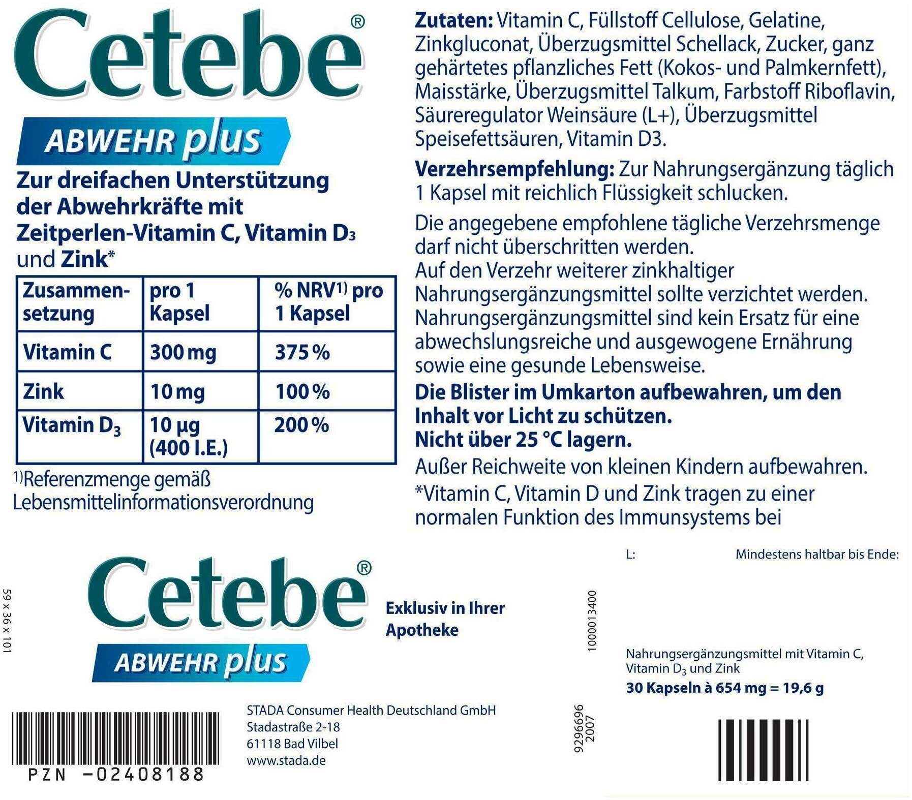 Cetebe Abwehr plus Vitamin C+Vitamin D3+ Zink 30 Kapseln