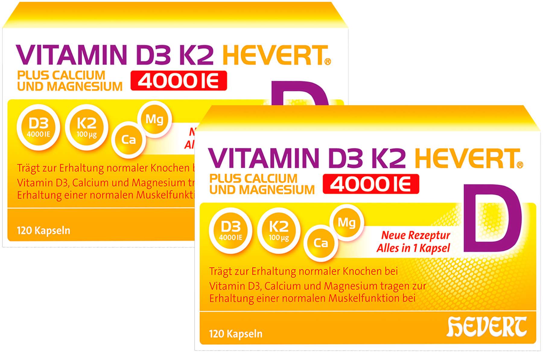 Vitamin D3 K2 Hevert + Calcium und Magnesium 4000IE 2 x 120 Kapseln
