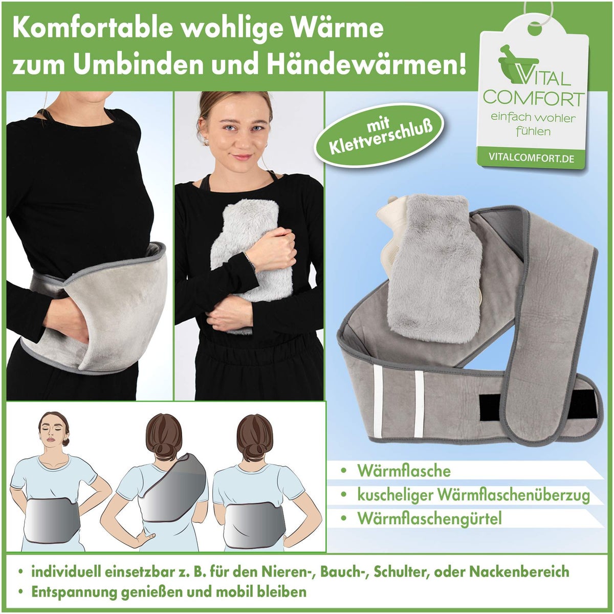 Wärmflaschen-Gürtel Premium 4 in 1 grau, mit Klettverschluss inkl. Wärmflasche u. Stoffbezug