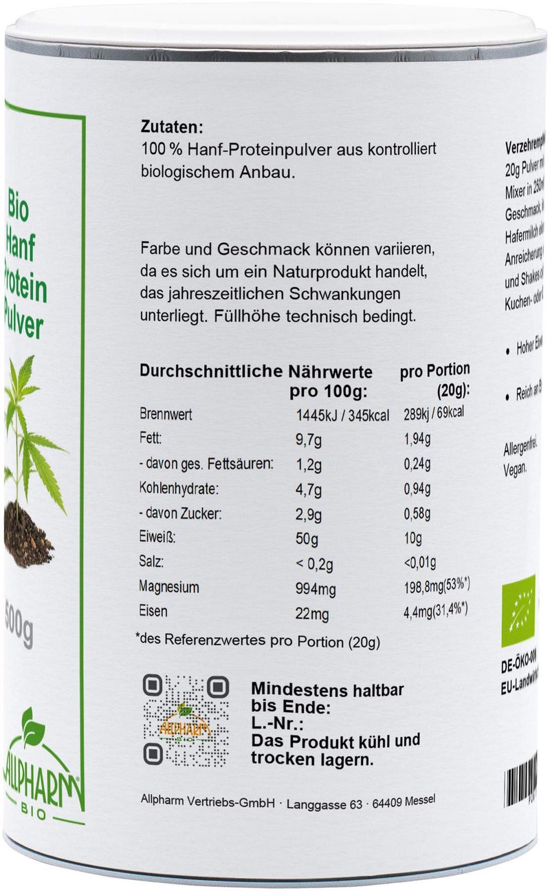 Bio Hanf Protein Pulver Allpharm 500 g