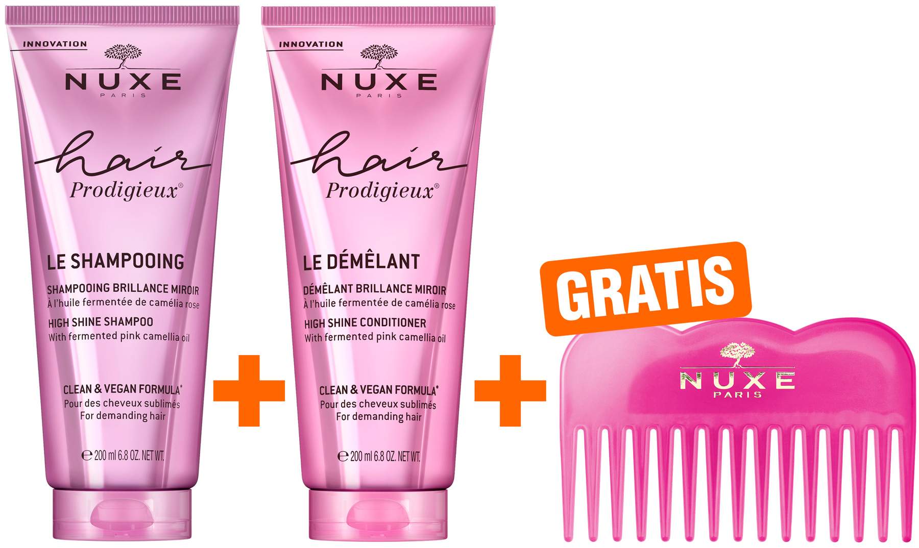 NUXE Hair Prodigieux Glanz-Shampoo 200 ml + NUXE Hair Prodigieux Glanz-Conditioner 200 ml + gratis Kamm 1 Stück