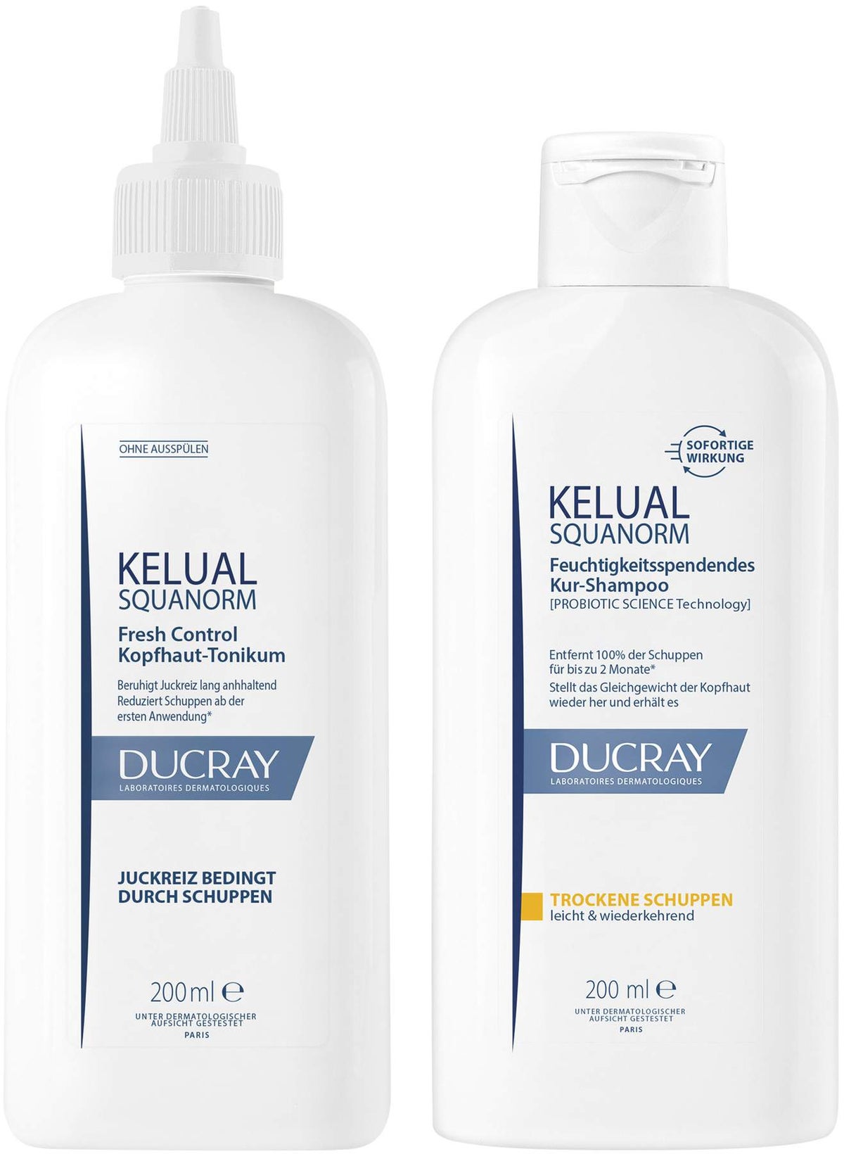 Ducray Kelual Squanorm Kopfhaut Tonikum 200 ml + Kelual Squanorm trockene Schuppen 200 ml Shampoo