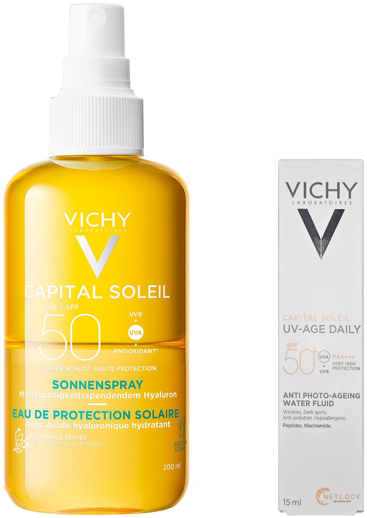 Vichy Capital Soleil Sonnenspray mit Hyaluron LSF 50 200 ml + gratis Vichy Capital Soleil UV-Age Daily LSF 50+ 15 ml