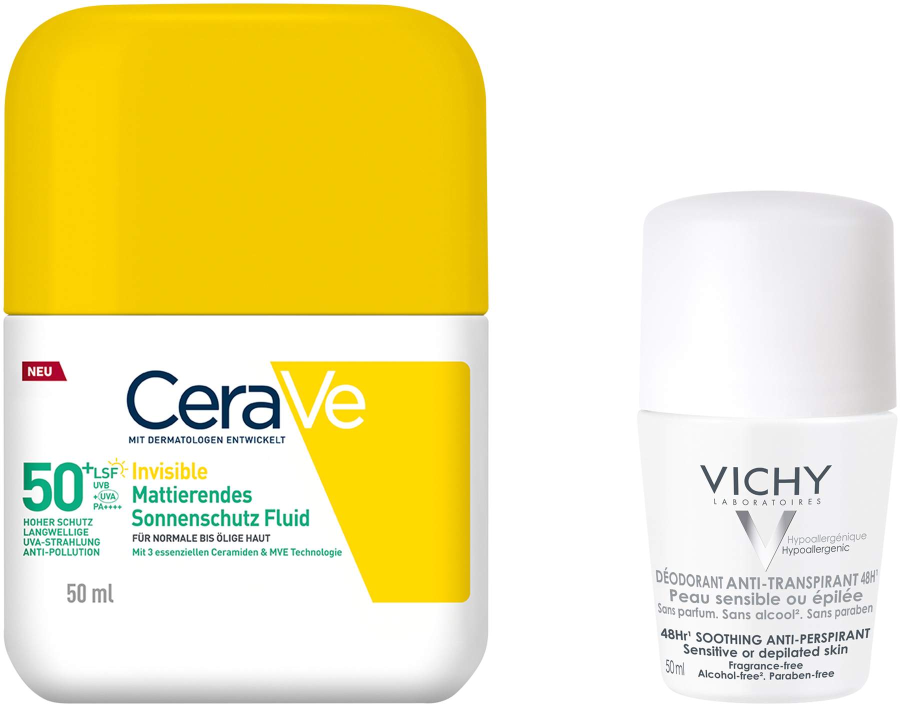 CeraVe Mattierendes Sonnenschutz Fluid LSF 50+ 50 ml + gratis Vichy Deo Roll-on Anti Flecken 48h 50 ml