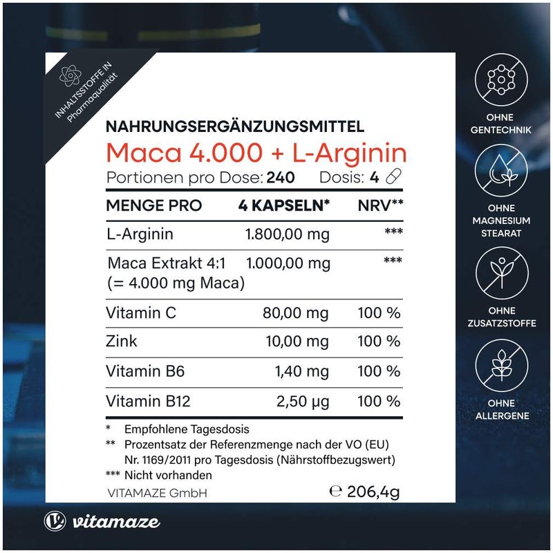 Vitamaze Maca 4.000 mg + L-Arginin + Vitamine + Zink 240 Kapseln