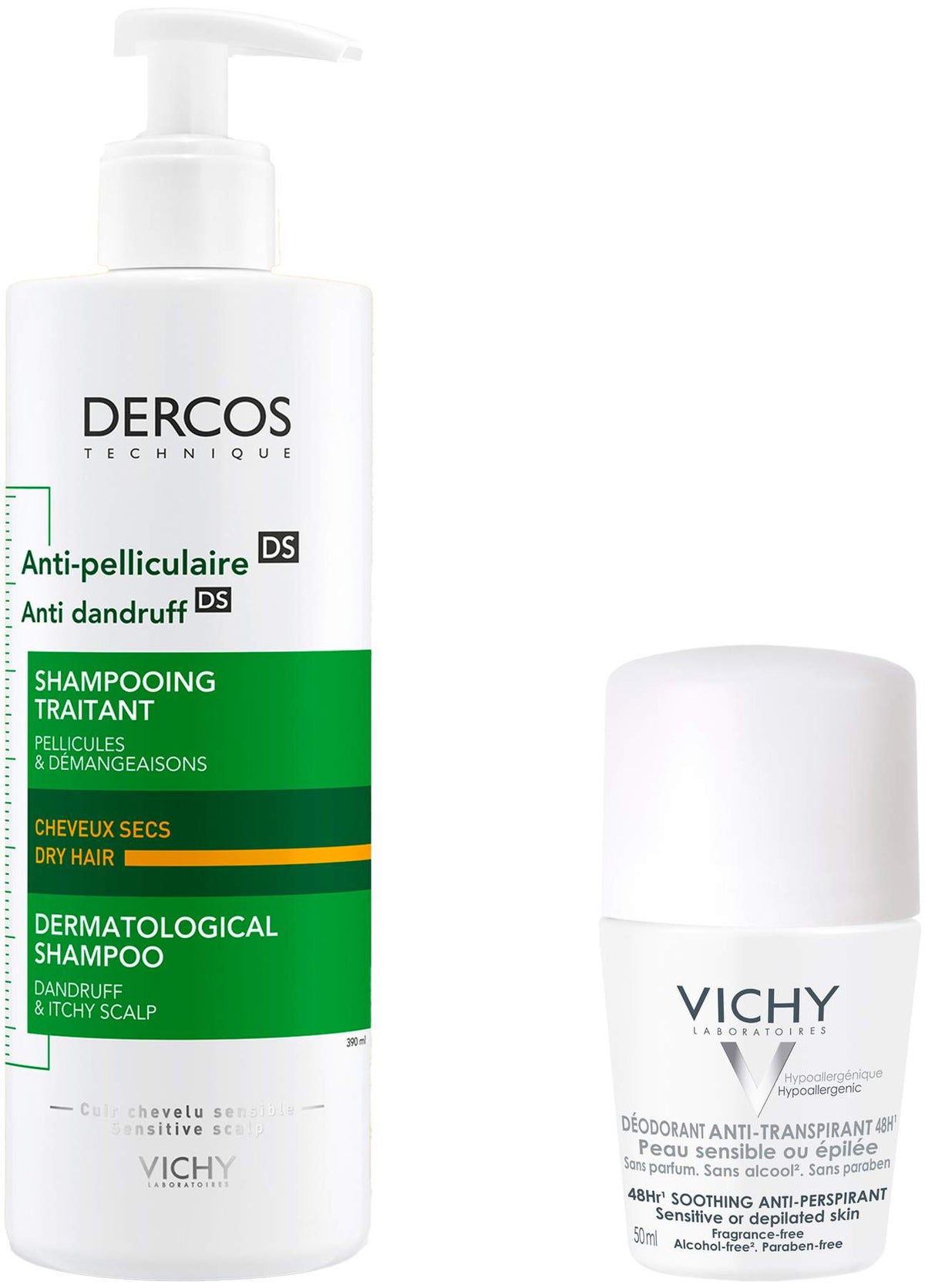 Vichy Dercos Anti Schuppen Shampoo trockene Kopfhaut + gratis Vichy Deo Roll-on Anti Flecken 48h 50 ml