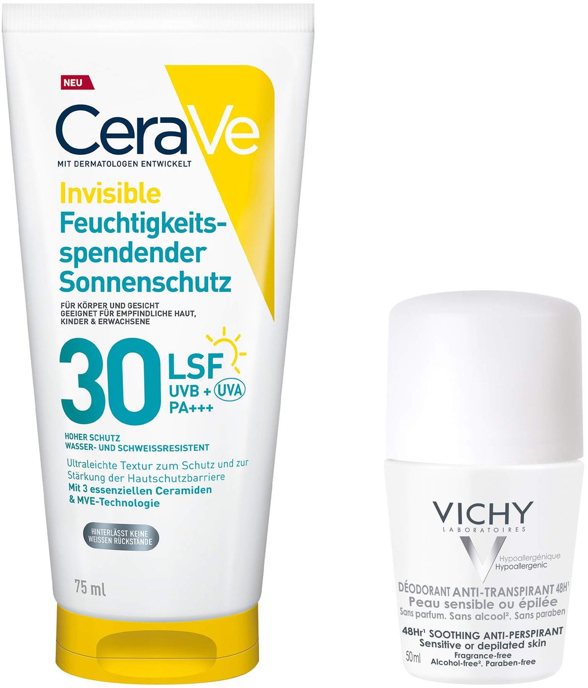 CeraVe Invisible Feuchtigkeitsspendender Sonnenschutz LSF 30 75 ml + gratis Vichy Deo Roll-on Anti Flecken 48h 50 ml