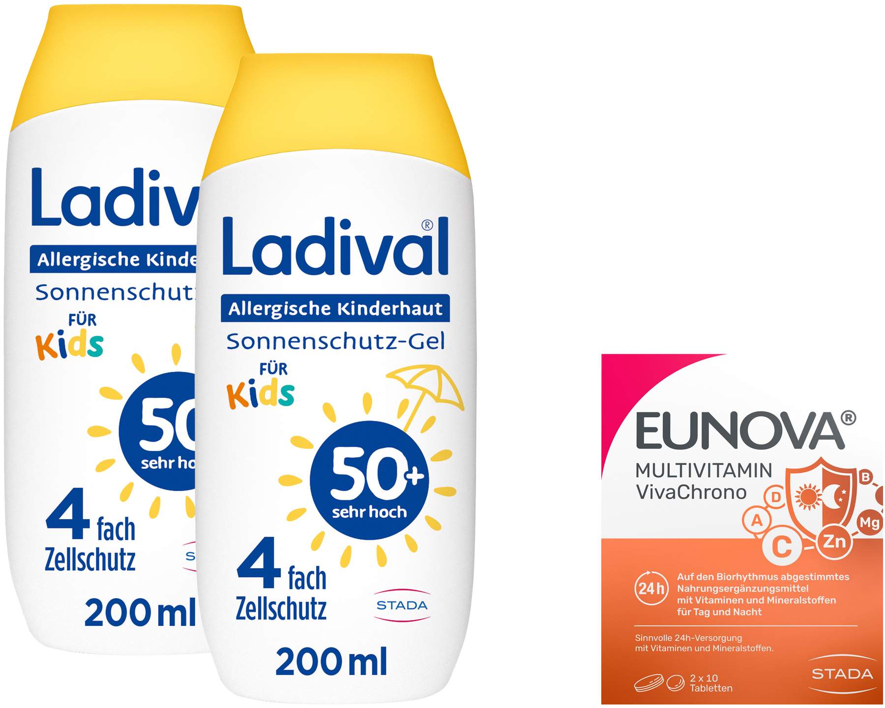 Ladival allergische Kinderhaut Gel LSF 50+ 2 x 200 ml + gratis Eunova VivaChrono 2 x 10 Tabletten