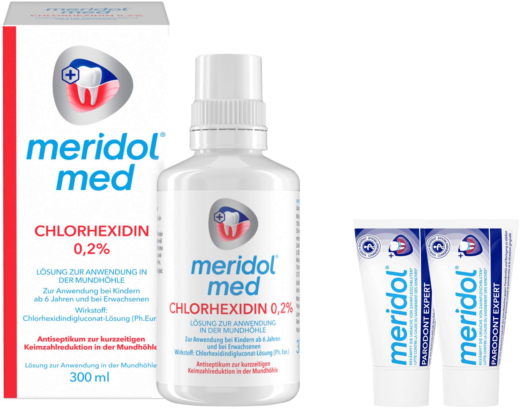 Meridol med Chlorhexidin 0,2% Lösung 2 x 300 ml + gratis Meridol Parodont Expert Zahnpasta 2 x 20 ml