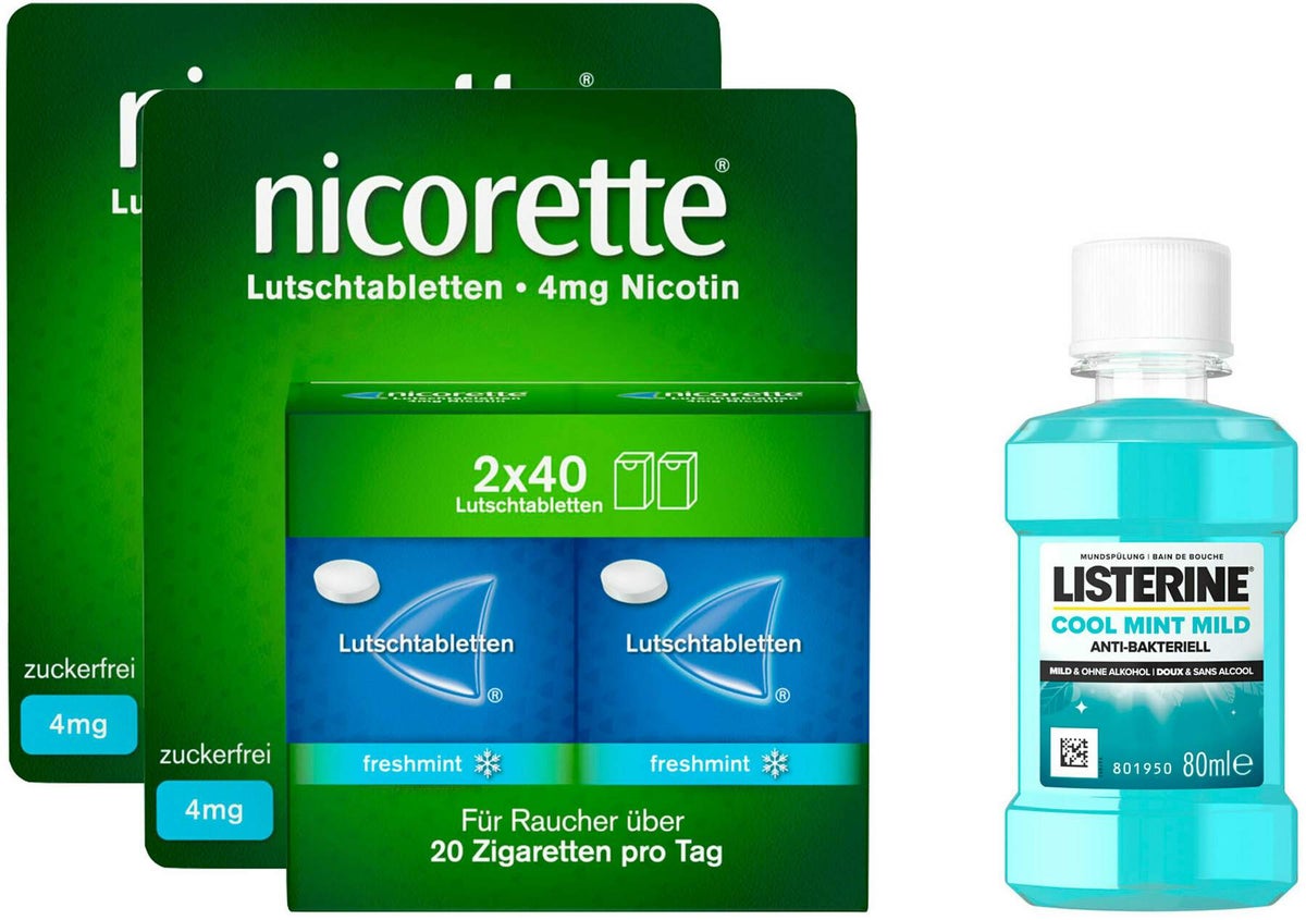Nicorette Freshmint 4 mg 2 x 80 Lutschtabletten + gratis Listerine Cool Mint 80 ml