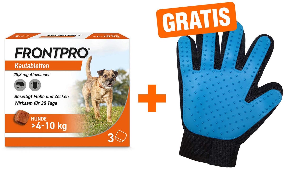 Frontpro 28,3 mg für Hunde 4-10 kg 3 Kautabletten + gratis Fellhandschuh