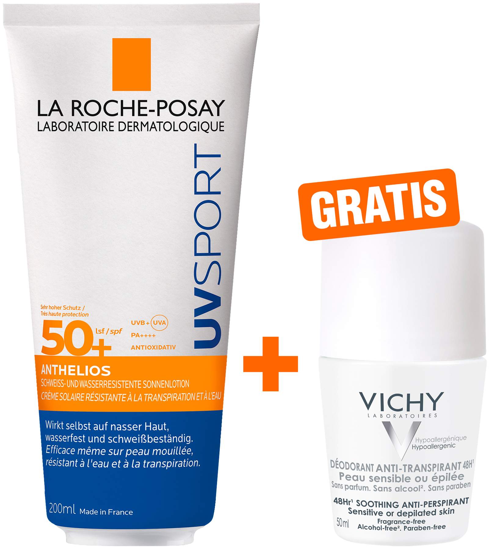 La Roche Posay Anthelios Pro Sport Wet Skin Gel LSF 50+ 200 ml + gratis Vichy Deo Roll-on Anti Flecken 48h 50 ml