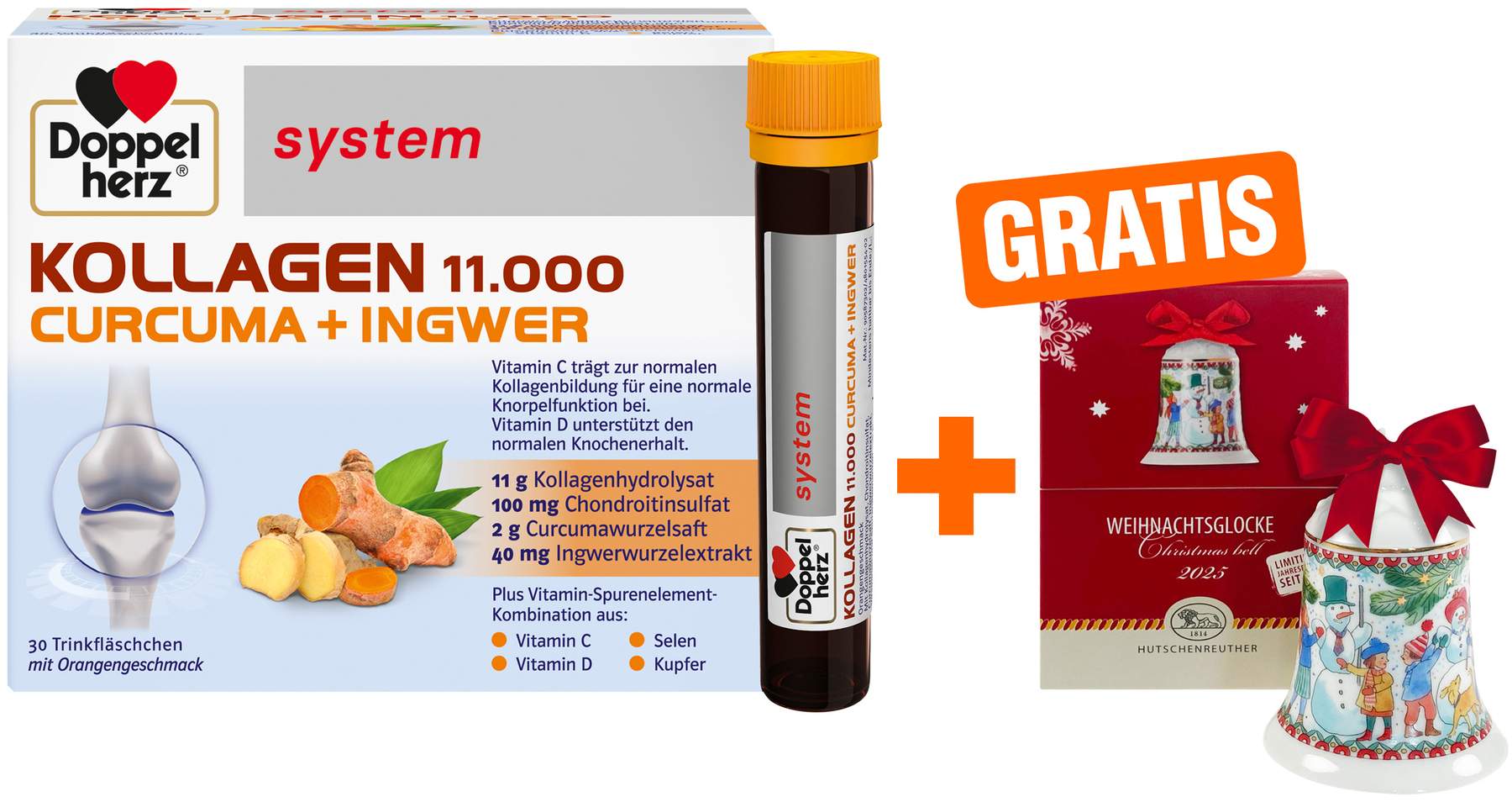 Doppelherz system Kollagen 11000 Curcuma + Ingwer 30 x 25 ml Ampullen + gratis Hutschenreuther Weihnachtskugel 1 Stück