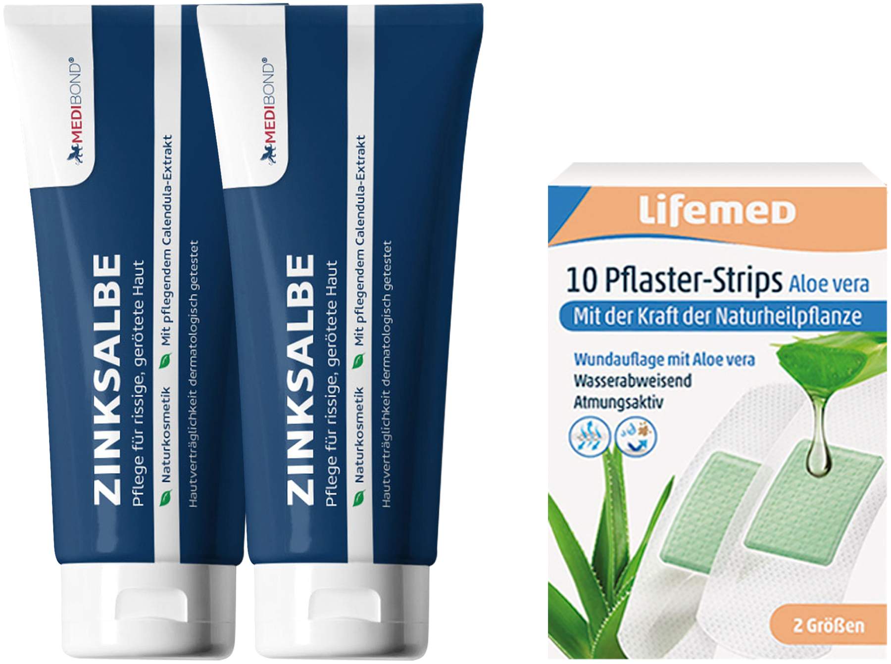Zinksalbe Medibond 2 x 50 ml + gratis Pflaster-Strips Aloe Vera 10 Stück, 2 Größen