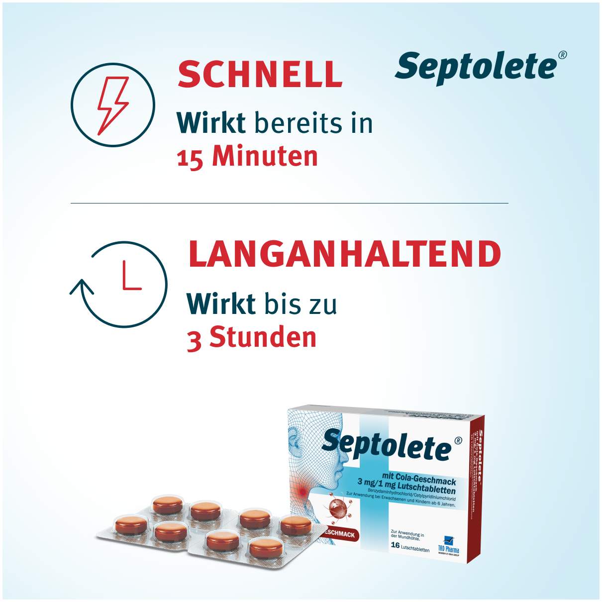 Septolete mit Cola Geschmack 3mg + 1mg  16 Lutschtabletten